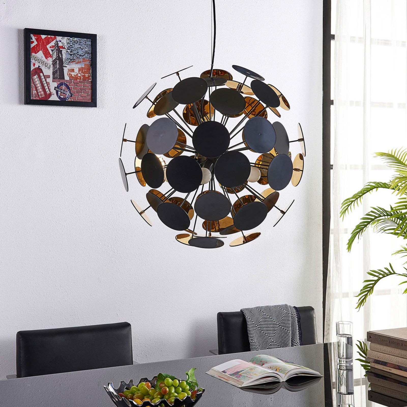 Lampă suspendată Lindby Kinan Ø 54 cm negru auriu metal - Camera de zi / sufragerie - modern - Plastic
