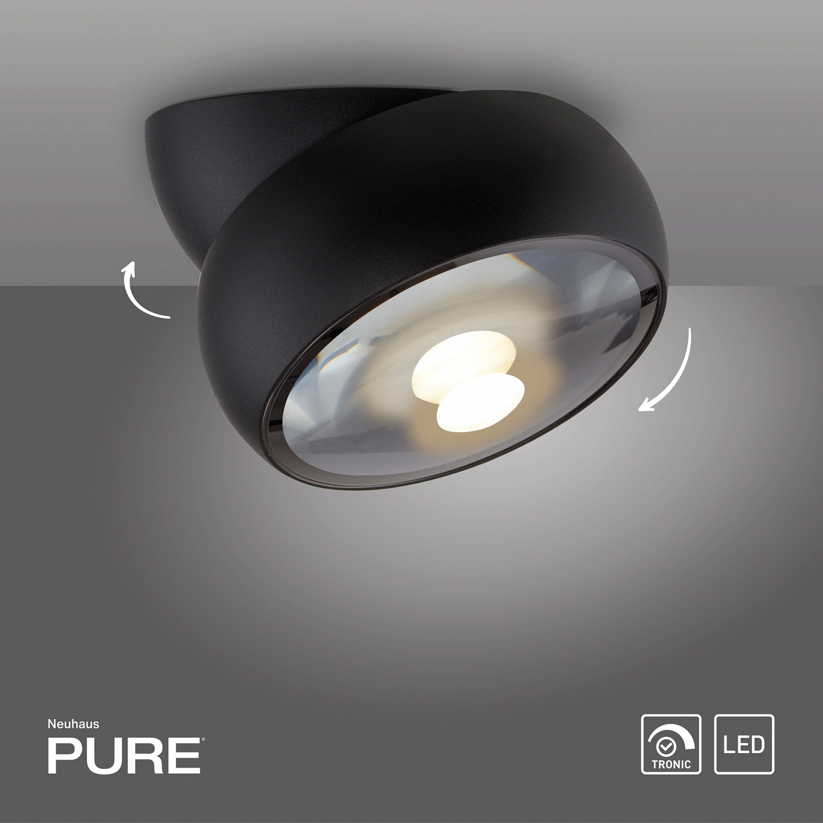 PURE LED тавански спот Move, черен, Ø 12 cm, метал/стъкло