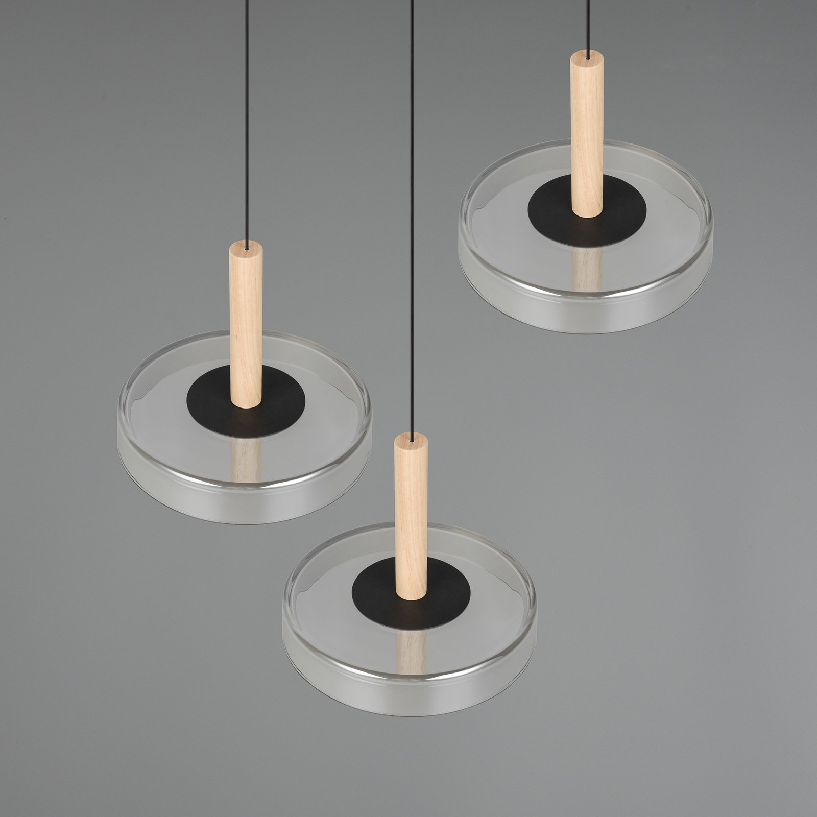 Suspension LED Celeste, chrome/bois, Ø 35 cm à 3 lampes. Verre à intensité