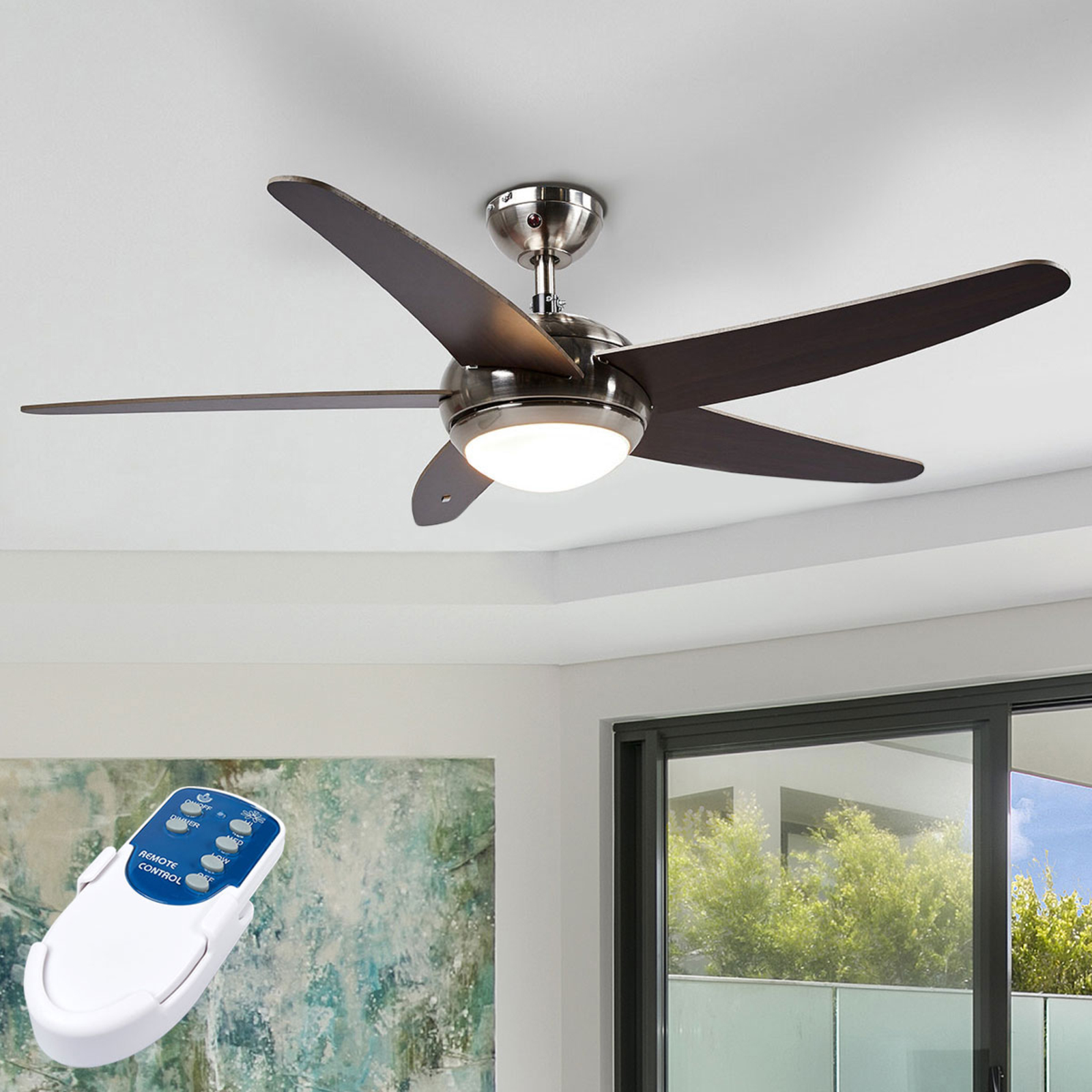 Lindby Anneka wenge-coloured ceiling fan with light, for Living / Dining Room, MDF, glass, metal, R7s 78.3 mm, 80 W, energy efficiency: C, H: 37.2 cm