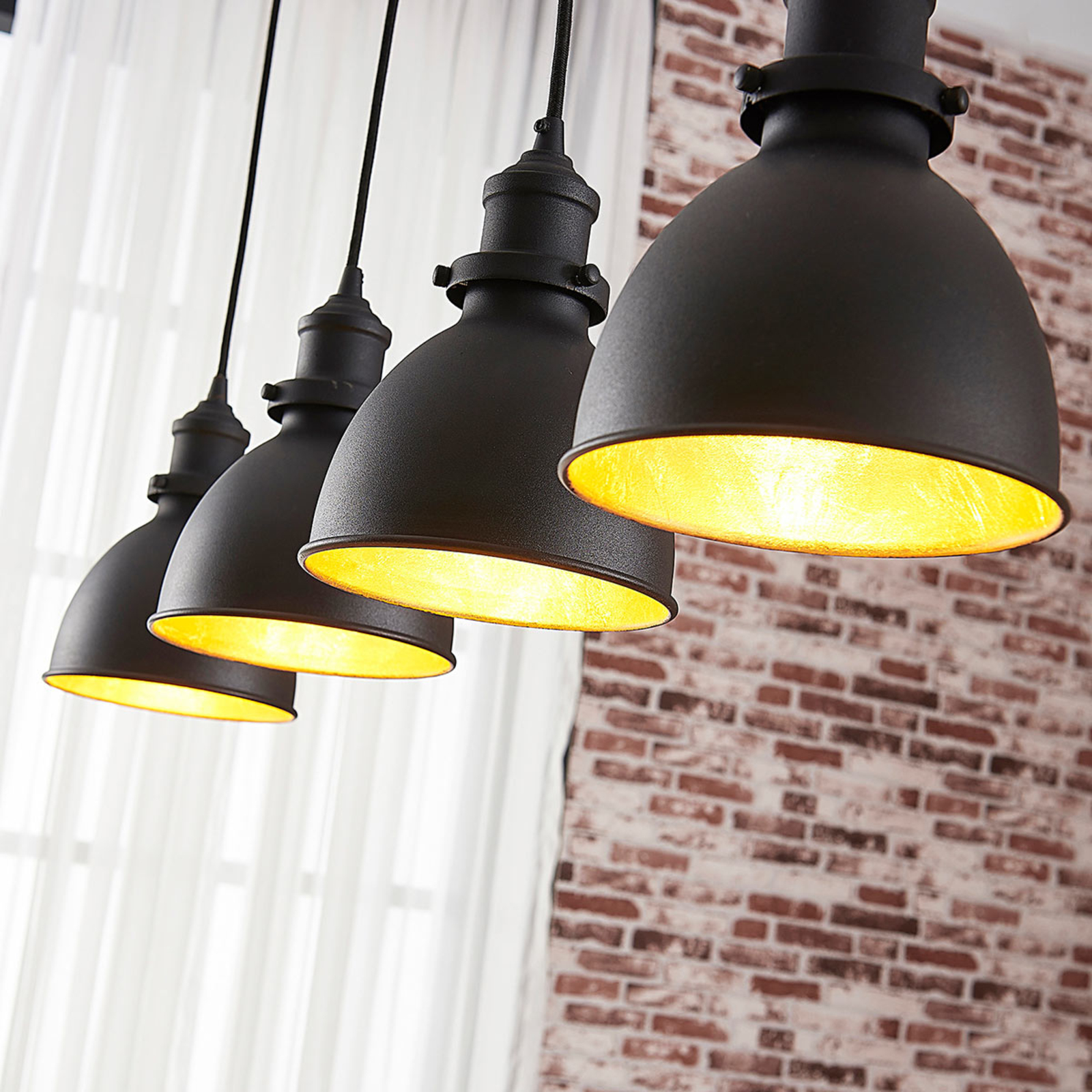 Lindby Jasminka - four-bulb hanging lamp, black and gold, for Kitchen, metal, E27, 60 W, energy efficiency: A++, L: 97.5 cm, H: 20 cm