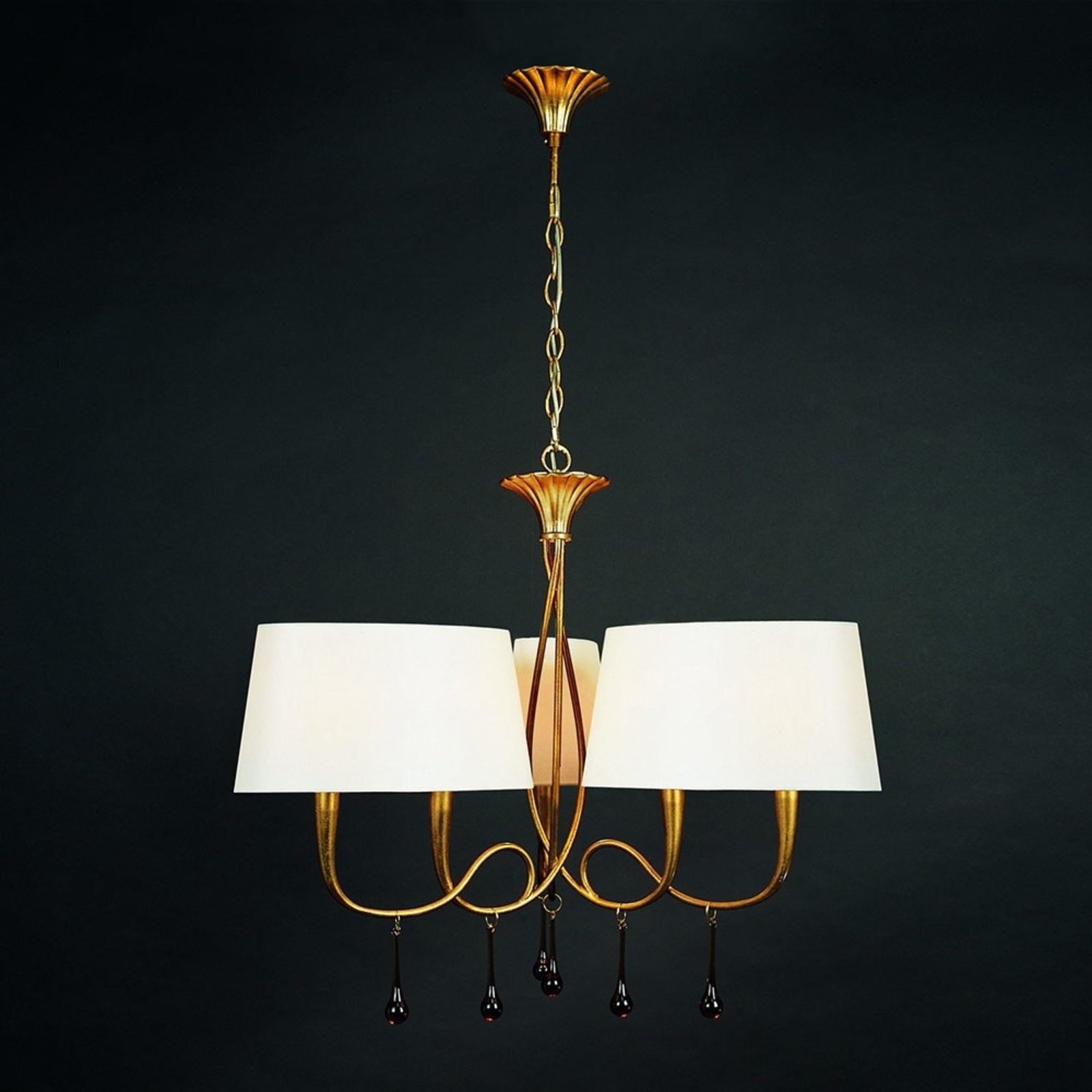 Hanglamp Paola 6-lamps goud w. textielen kappen