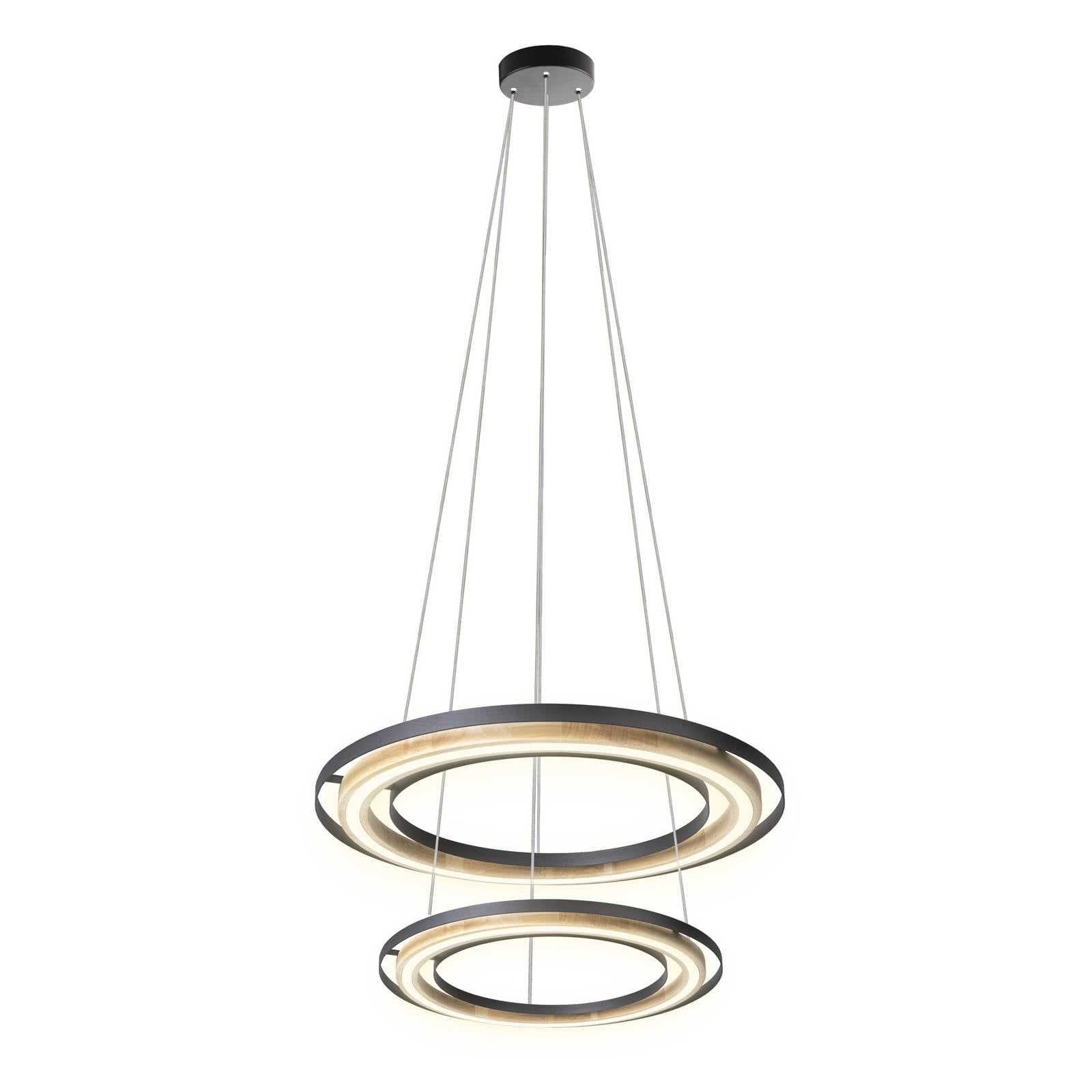 LED-Hängeleuchte Rilas, schwarz/holz, Ø 57 cm, dimmbar