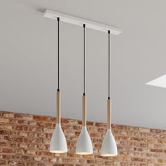 Lámpara colgante Muza, 3 luces, blanco/madera clara