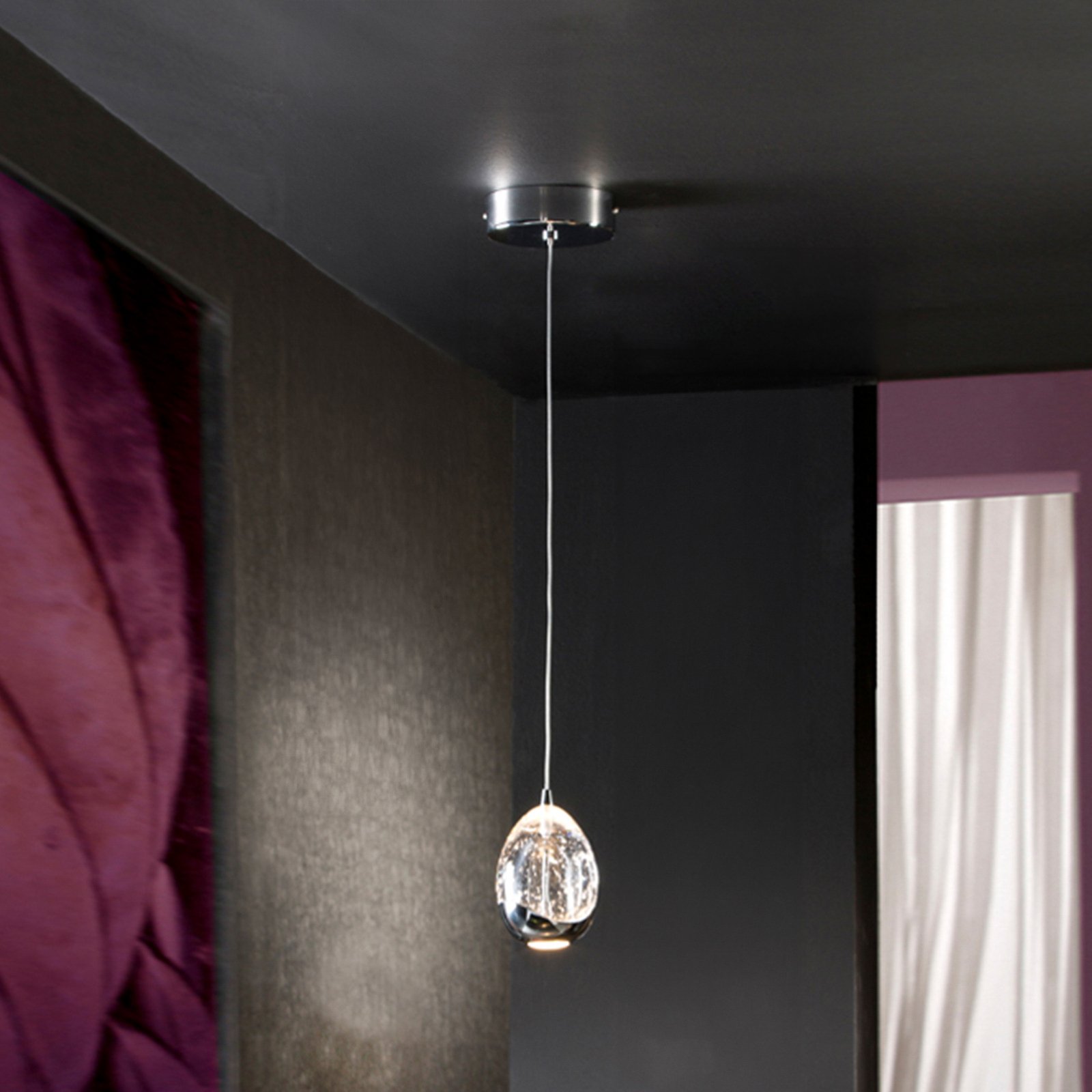LED pendant light Rocio, 1-bulb, metal, glass, chrome