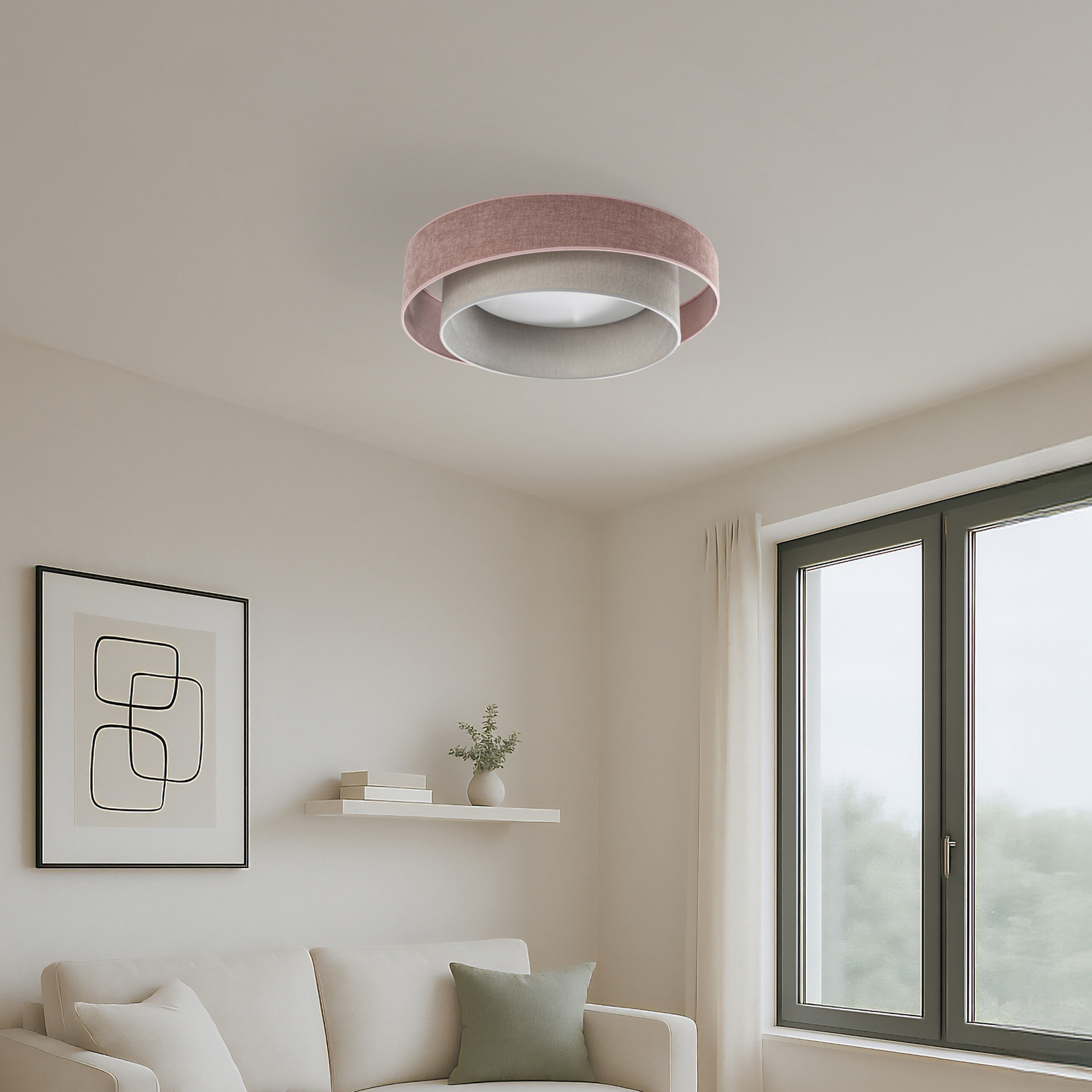 Stropna svetilka LED Luneta S, šenil, roza/siva, 3-stopenjska zatemnitev