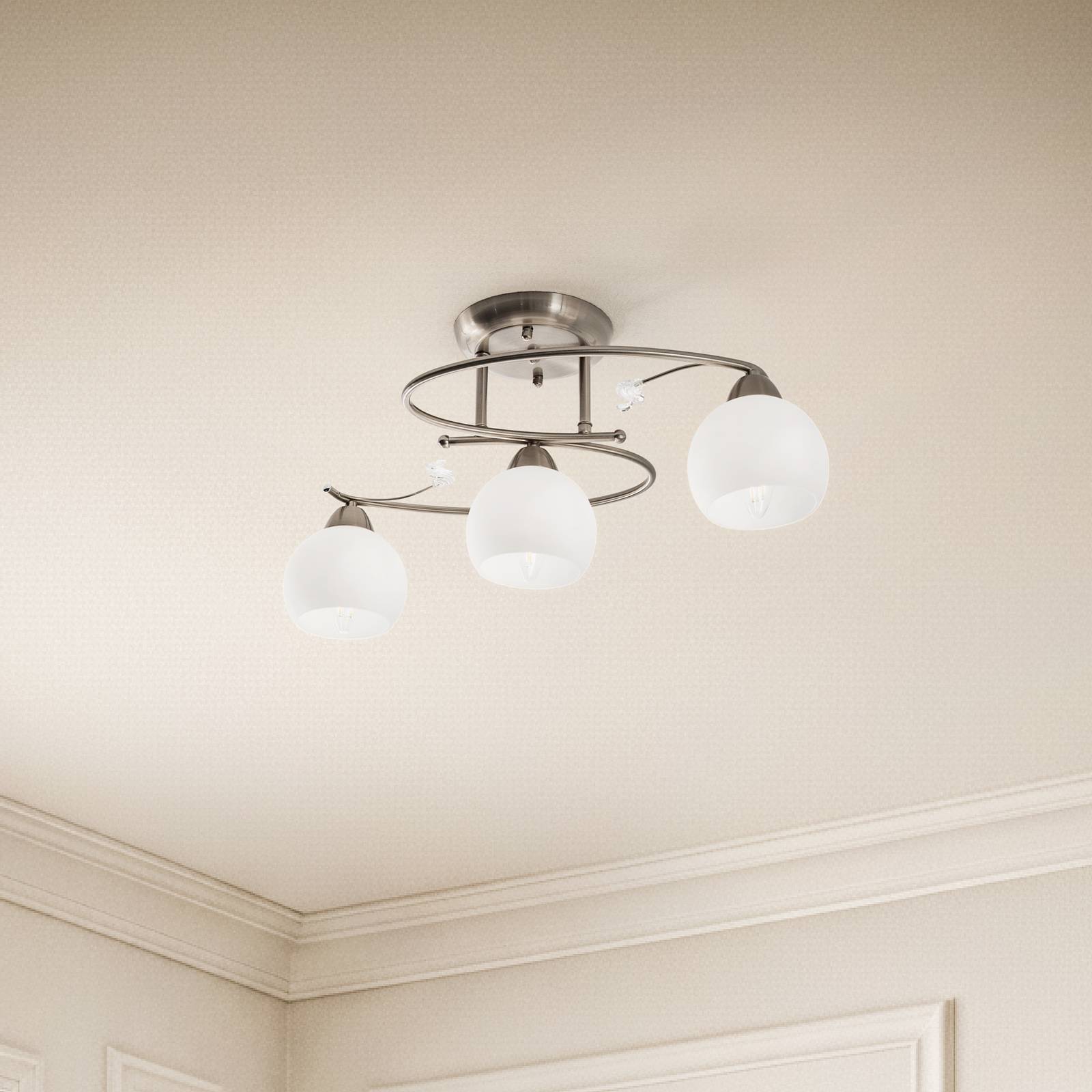 Lindby Plafonnier Svean, à 3 lampes, nickel/blanc, verre, longueur 60 cm