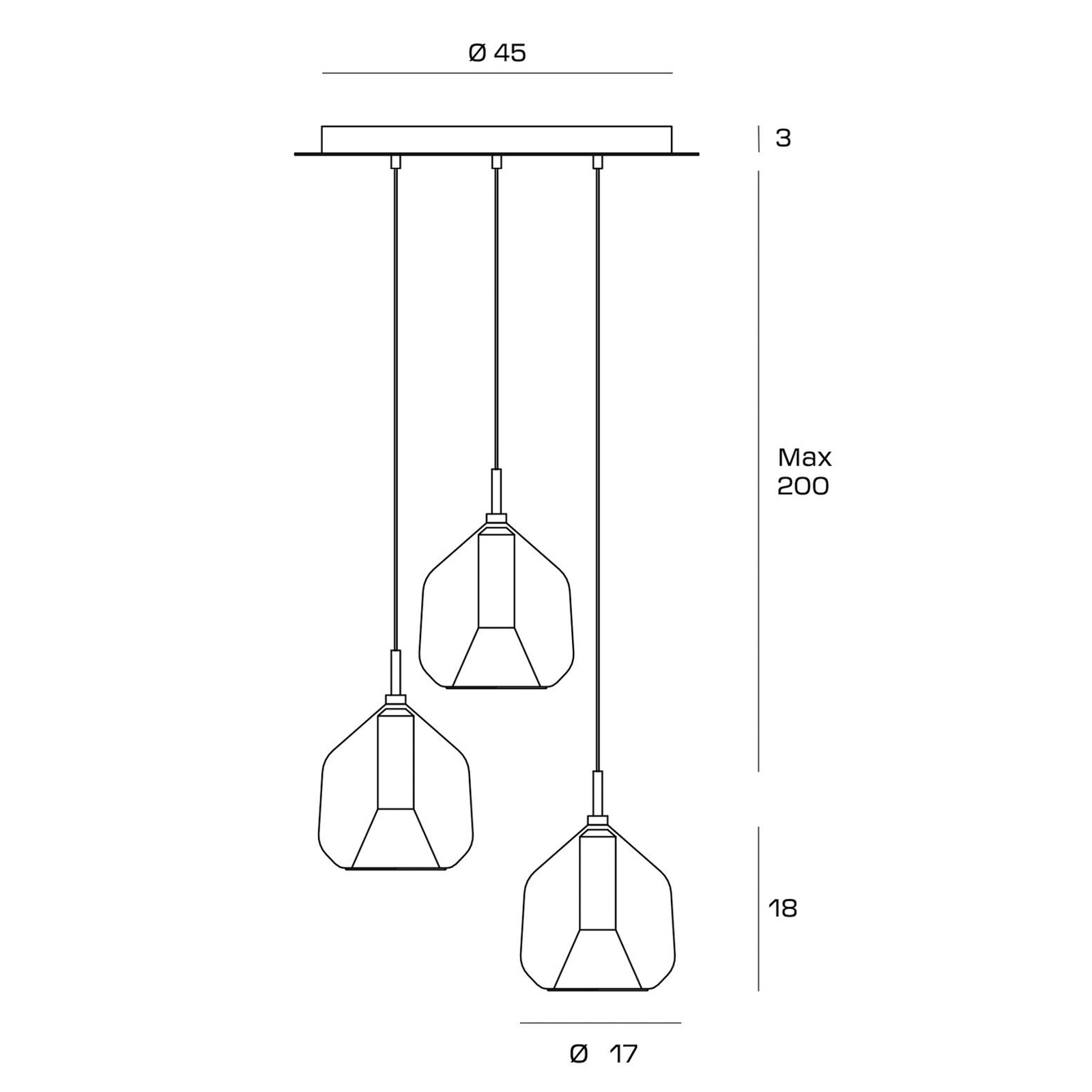 Hanging light X-Ray copper/gold-coloured 3-bulb round glass