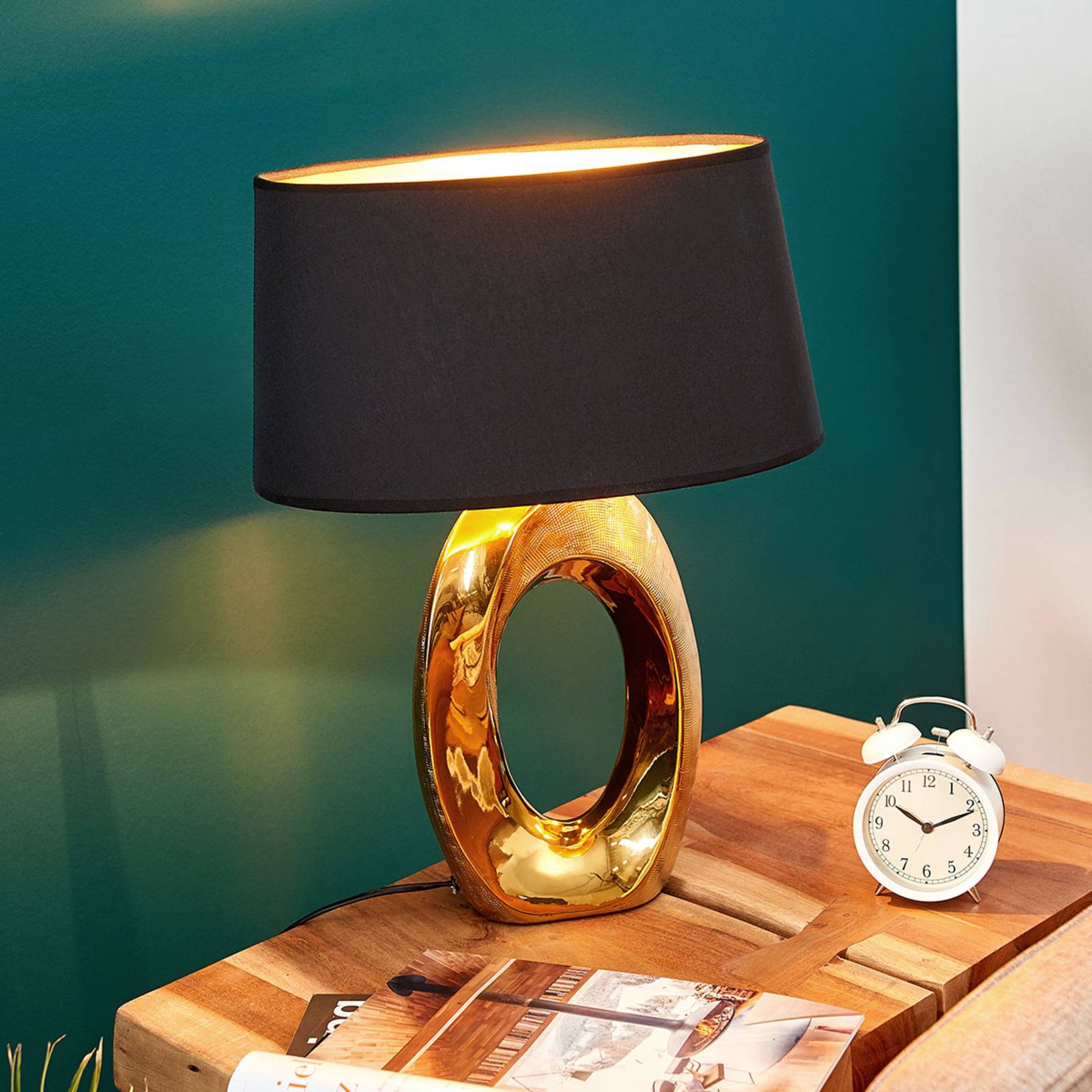 Tischleuchte Quina mit Textilschirm, gold/schwarz