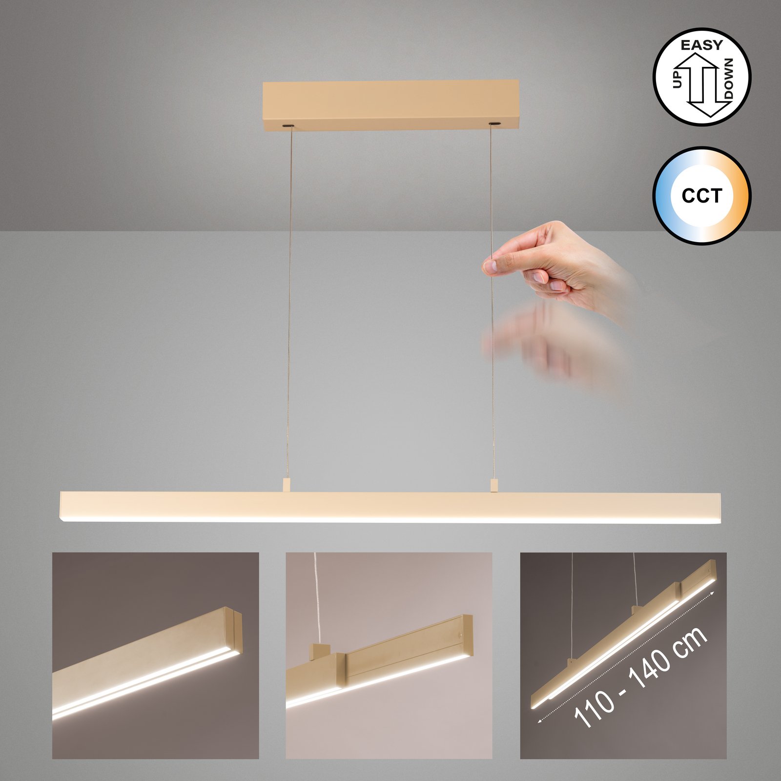Żyrandol LED Vayana, długość 114 cm, kolor piaskowy, metal, CCT