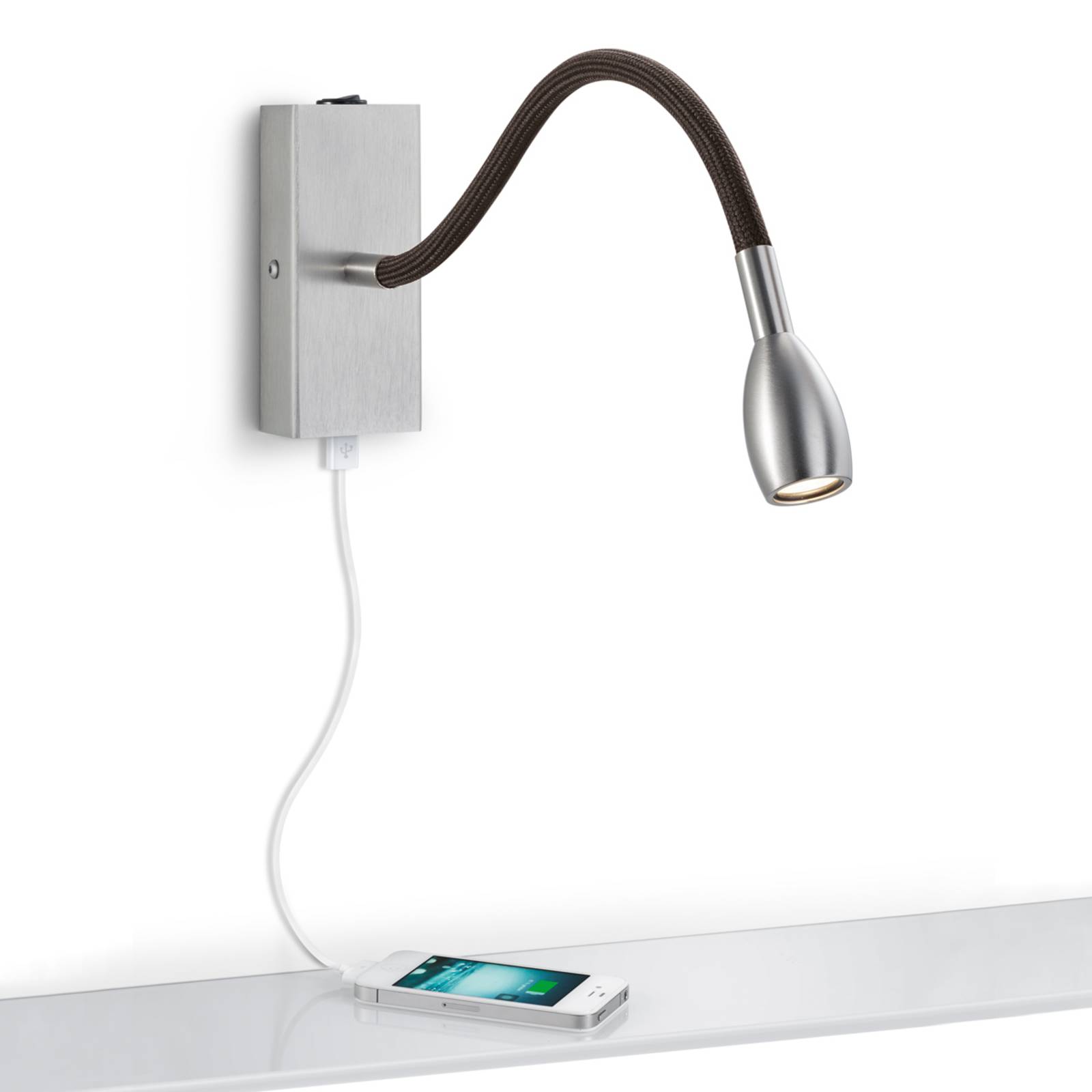 Levně Niklové nástěnné svítidlo LED Milos s nabíjecím portem USB