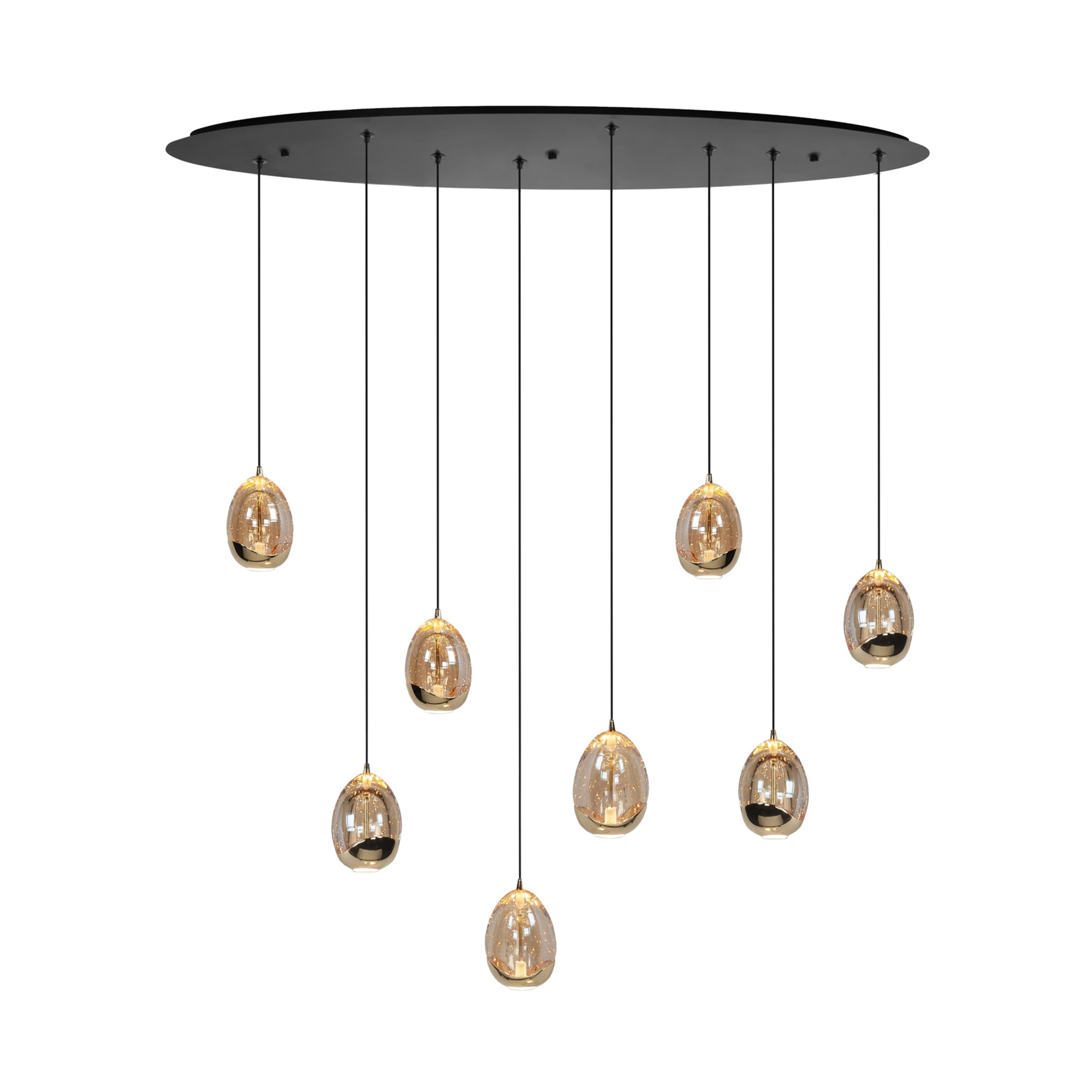 Hængelampe Golden Egg, rav/guld, længde 100 cm, 8 lyskilder af glas