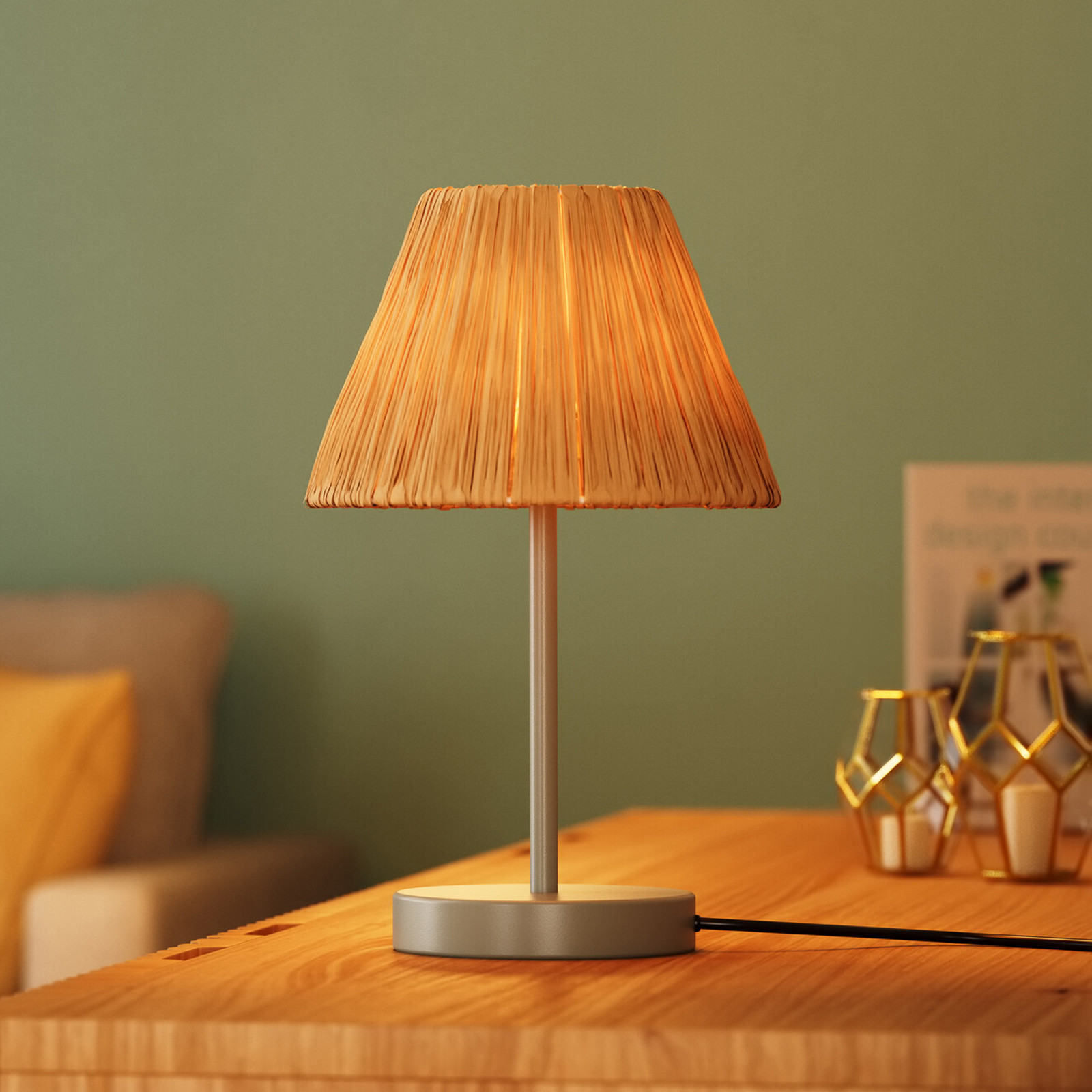 Lampa de masă OSRAM Decor Raffia 1 bec rafia culoare naturală E27 - Camera de zi / sufragerie - Casă de țară / Rustic - maro deschis verde - Metal