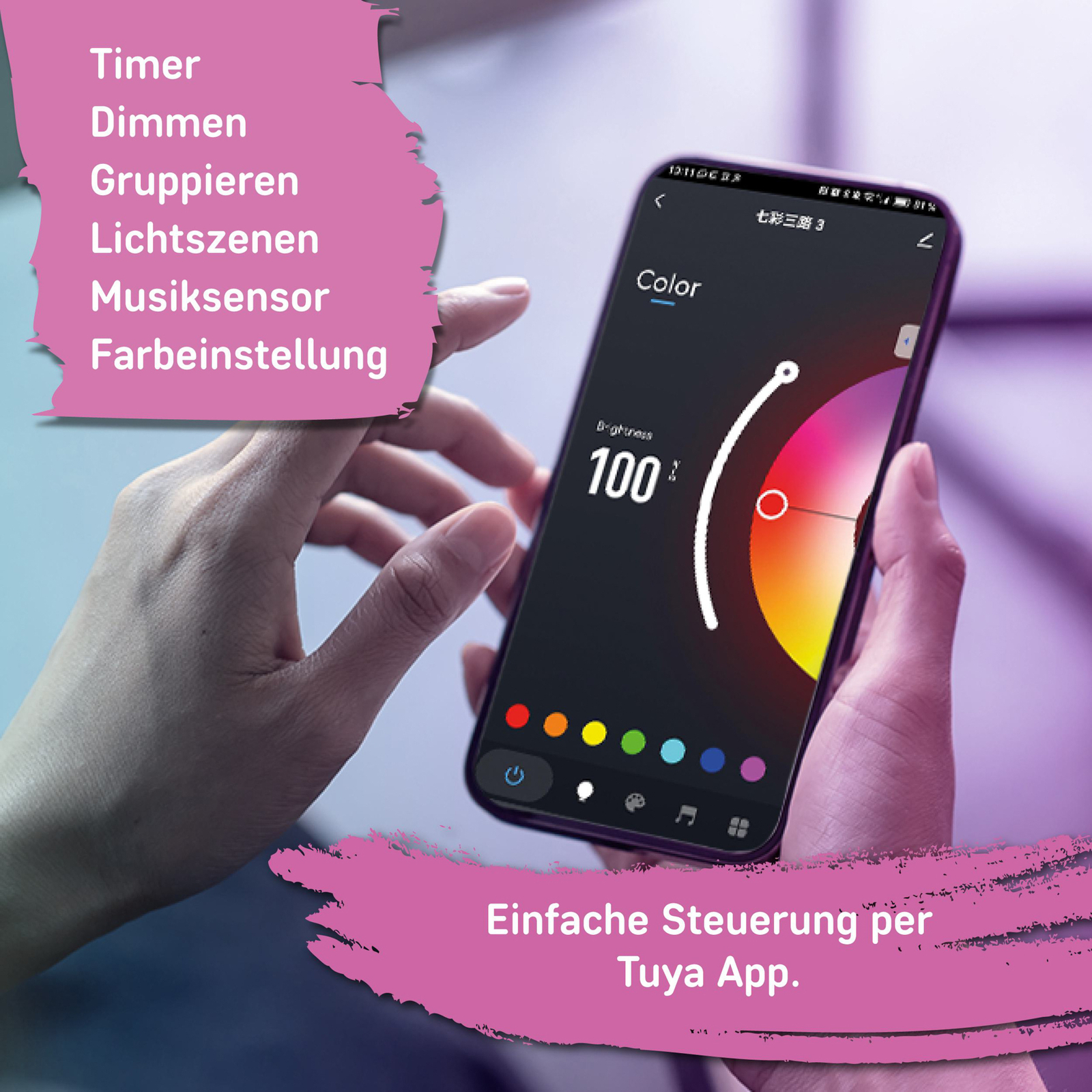 LED-Strip Smart RGB, Länge 2 m, Music-Sensor, USB, Tuya-App