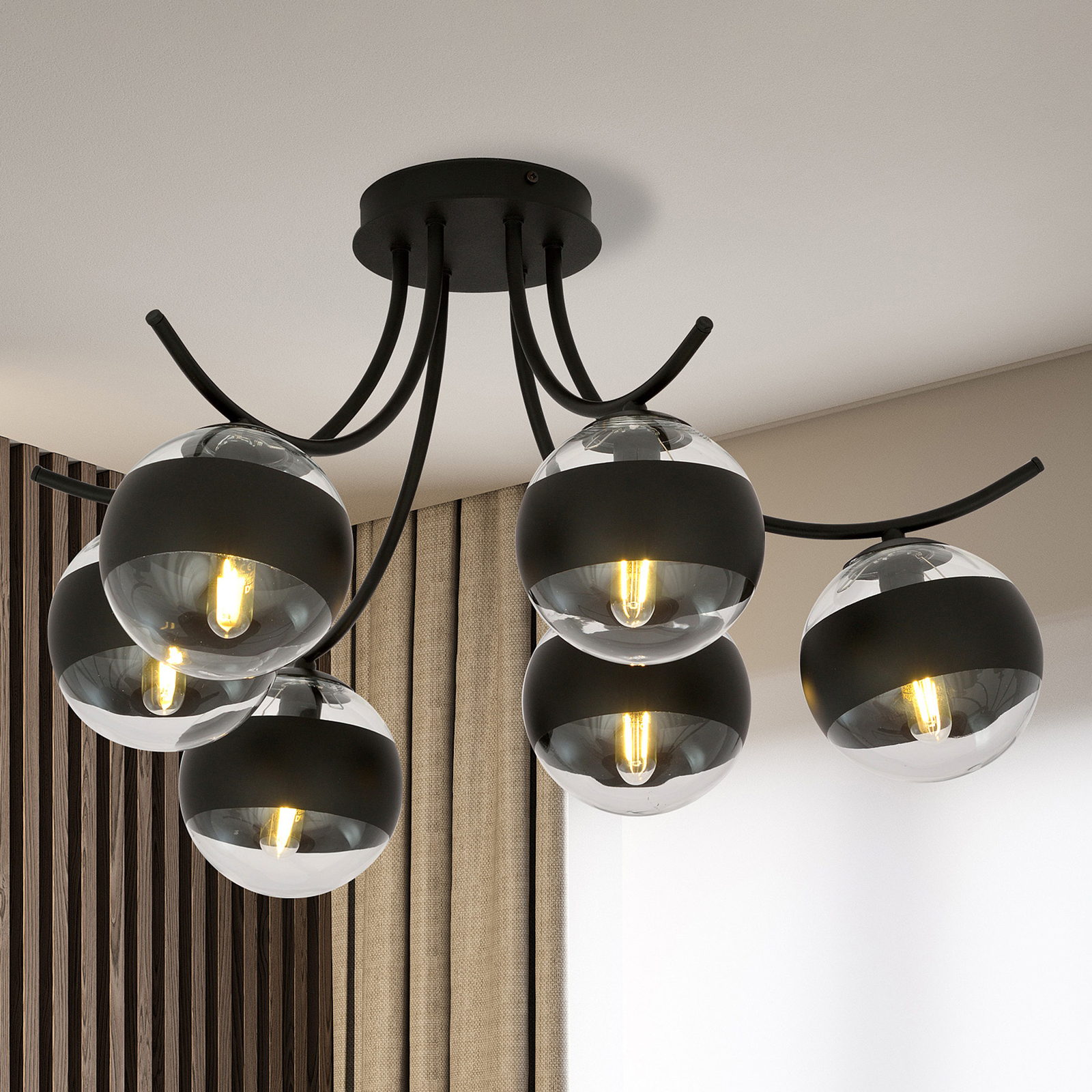 Lampa sufitowa Boston, czarna/przezroczysta 6-pkt.