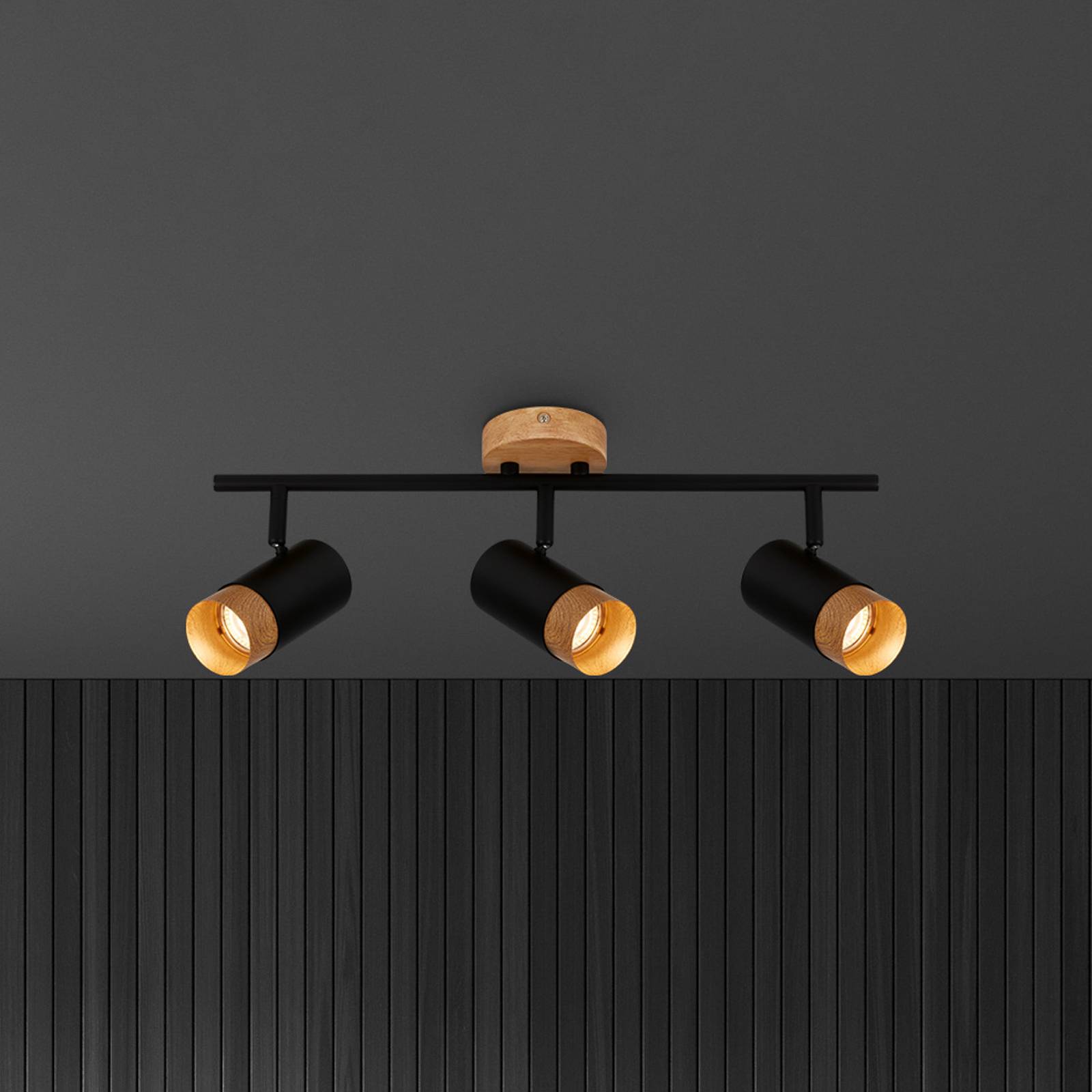 Briloner Spot pour plafond Plek GU10 noir/bois à 3 lampes