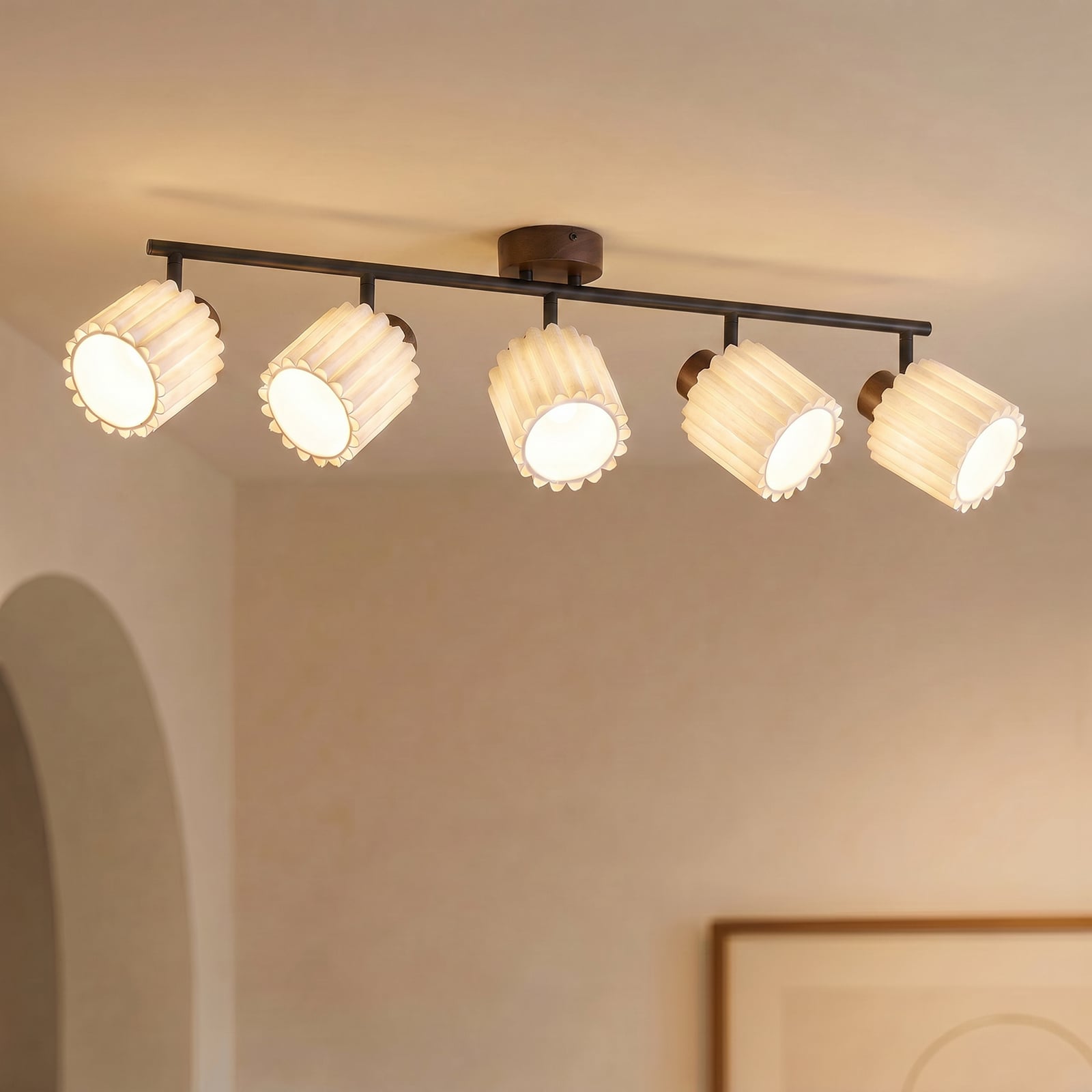 Lindby Shiloh ceiling spotlight, 5-bulb, walnut/beige, wood