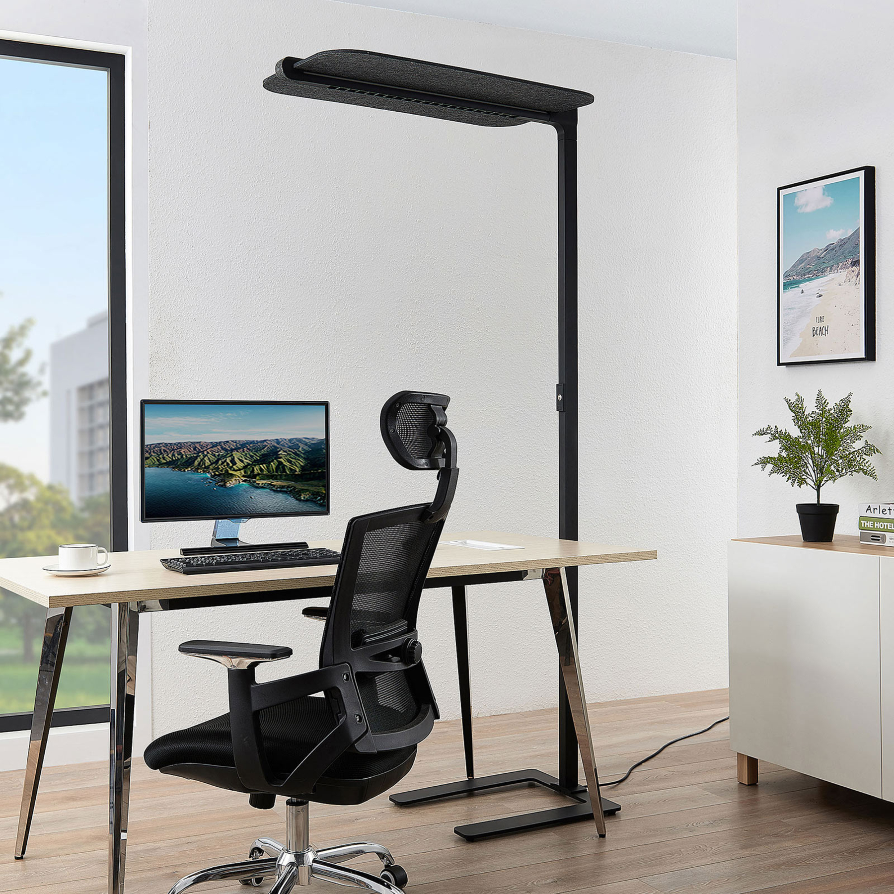 Arcchio Ameir LED office floor lamp, grey felt, for Workroom / Office, cotton felt, PET, PMMA, aluminium, 46 W, energy efficiency: A+, L: 99 cm, W: 50 cm, H: 201 cm