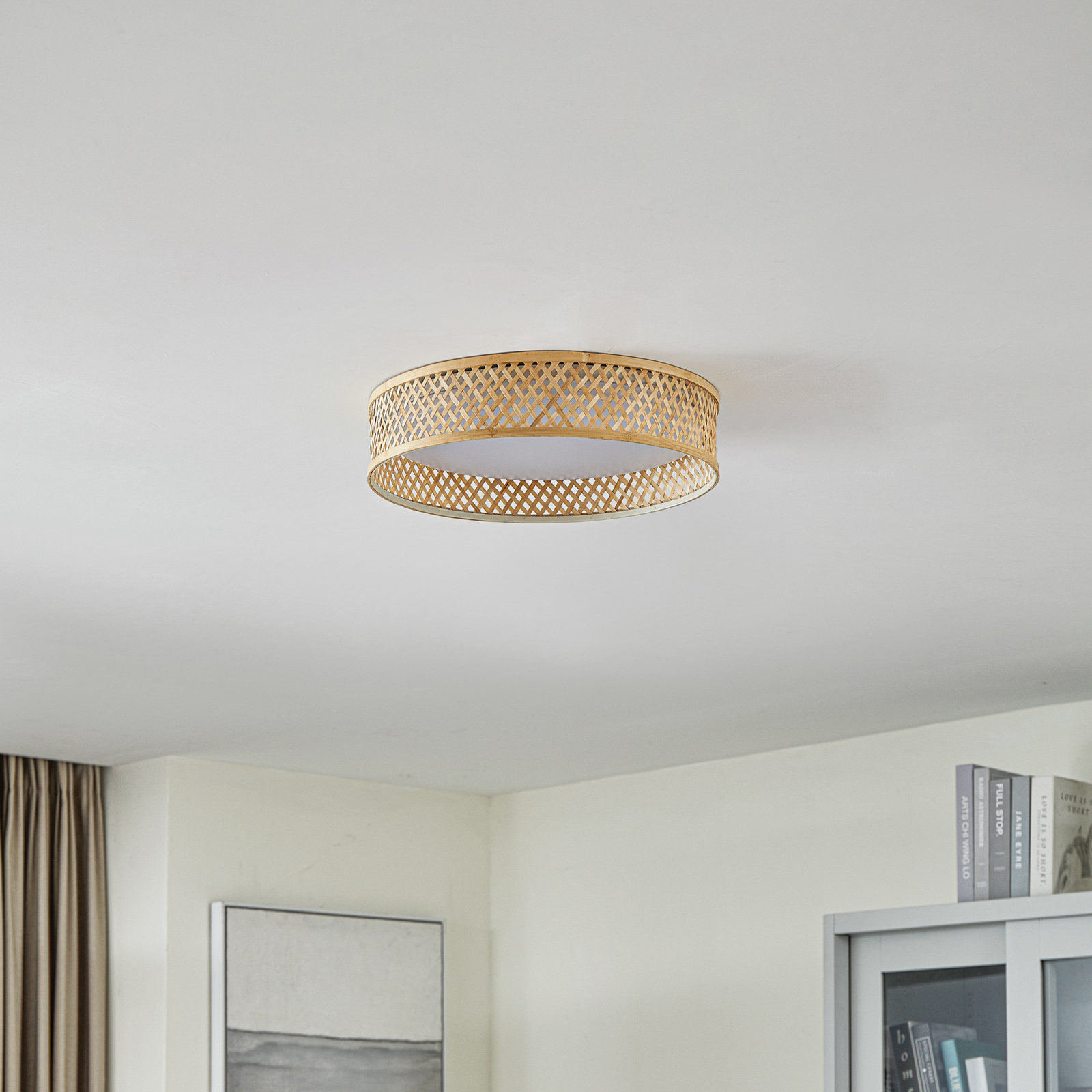 Lindby LED ceiling light Eilif, bamboo, white, Ø 40 cm