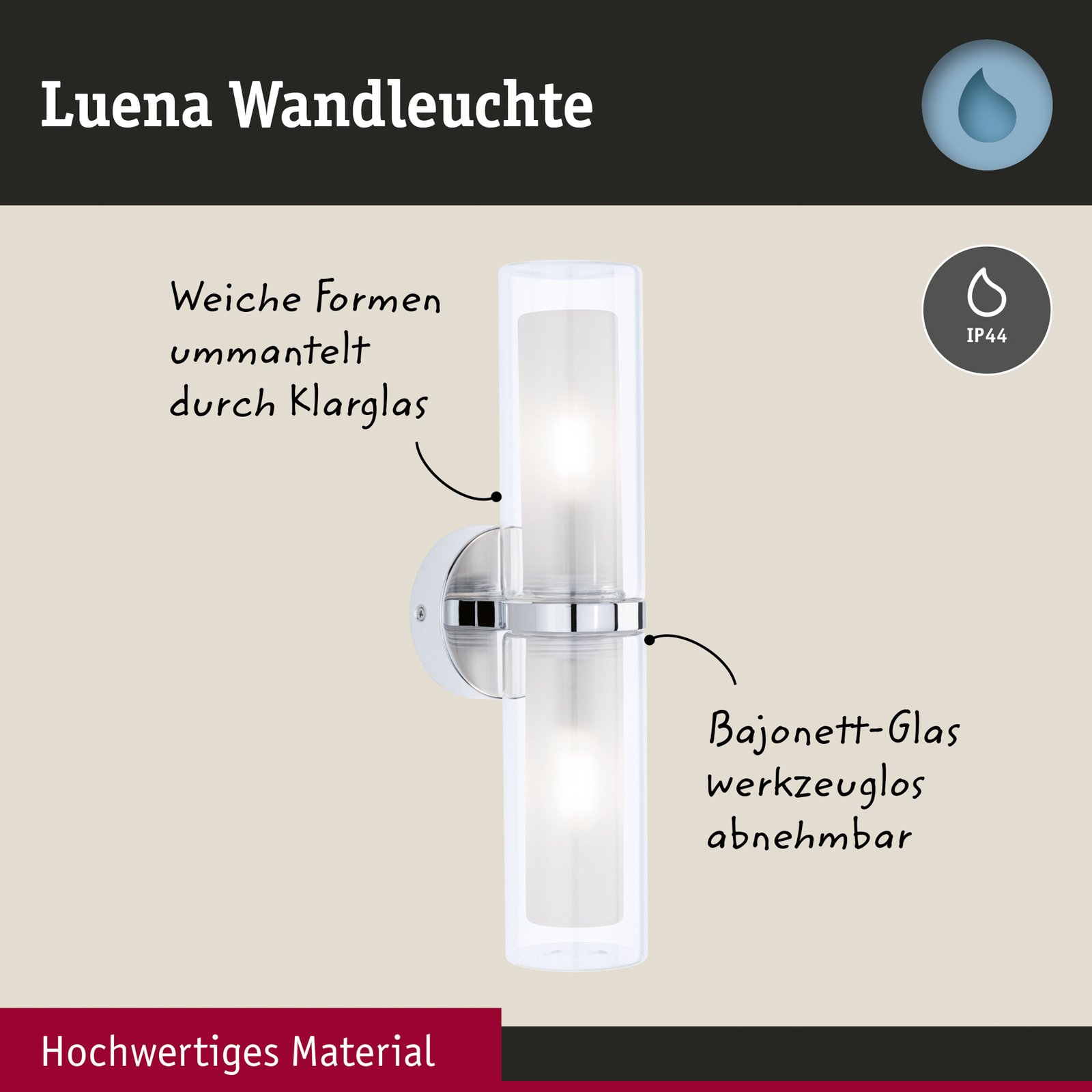 Luena 2 Wandleuchte IP44 Dim. Chrom/Clear - Paulmann