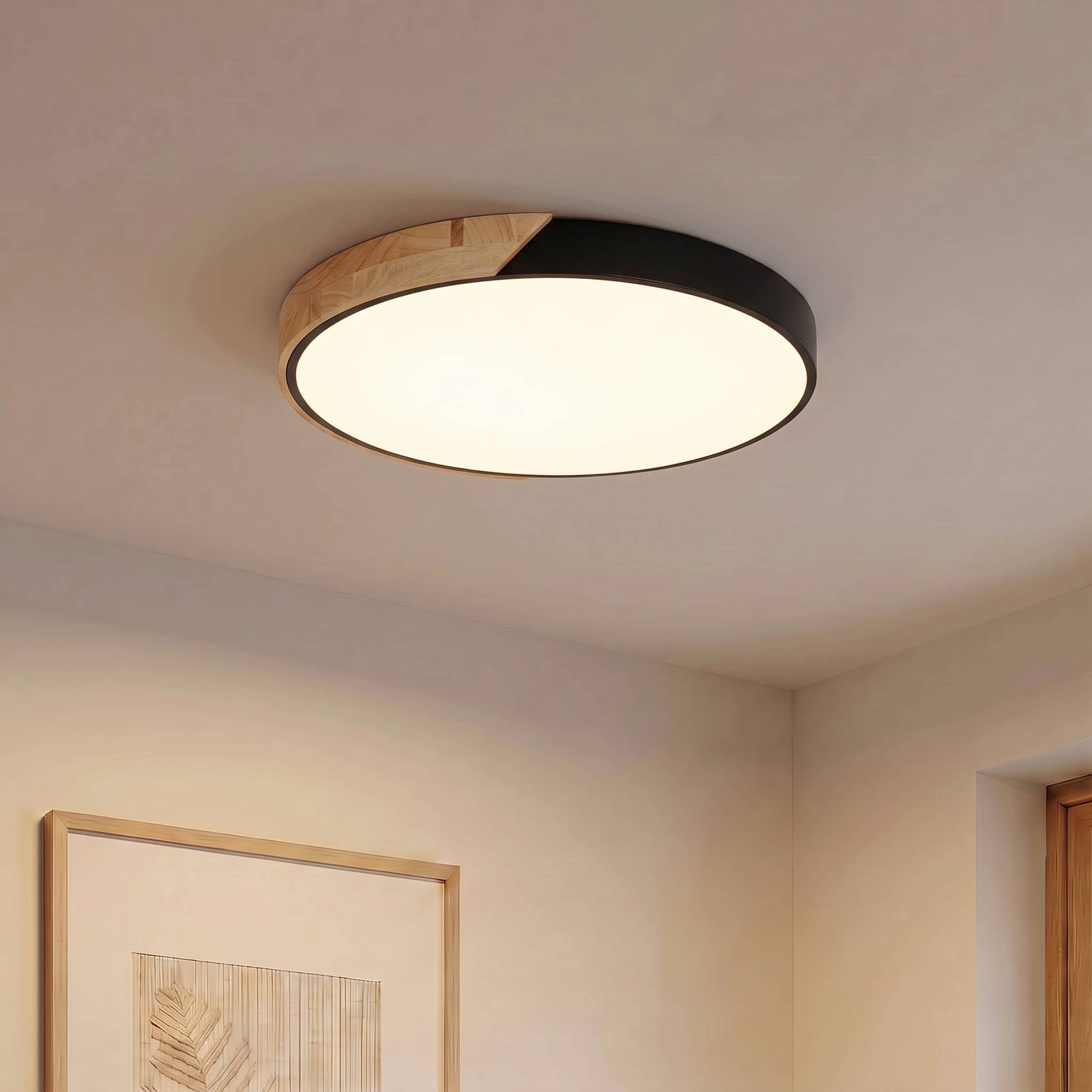 PRIOS LED plafondlamp Lynorri, Ø 52 cm, zwart, houtdecor