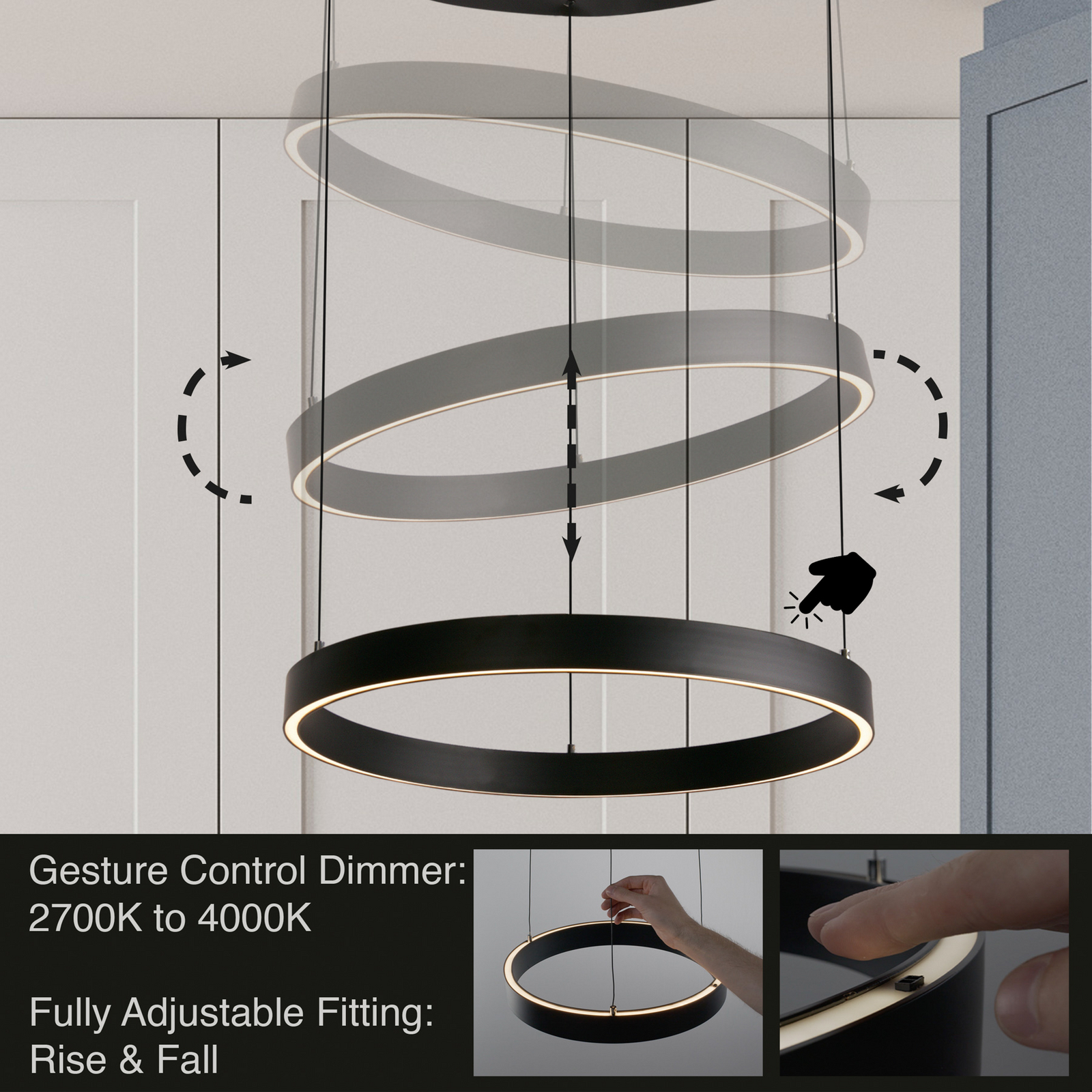Żyrandol LED Layla, czarna, Ø 64 cm CCT, z regulacją wysokości
