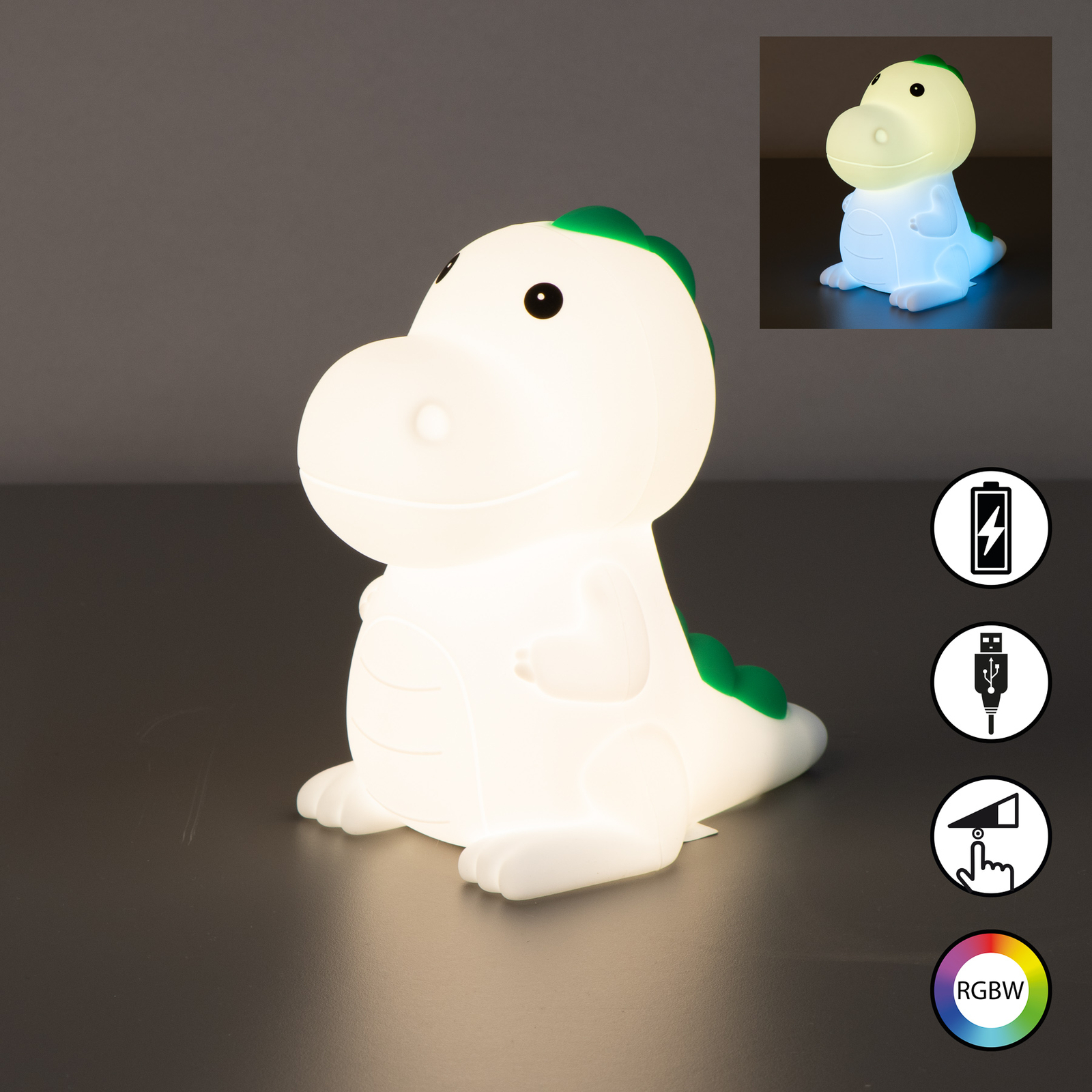 LED bedside table lamp Dinosauro, Dino, white, RGB, dimmable