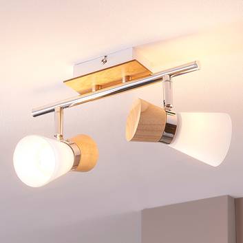 2-pits houten plafondlamp Vivica met glas