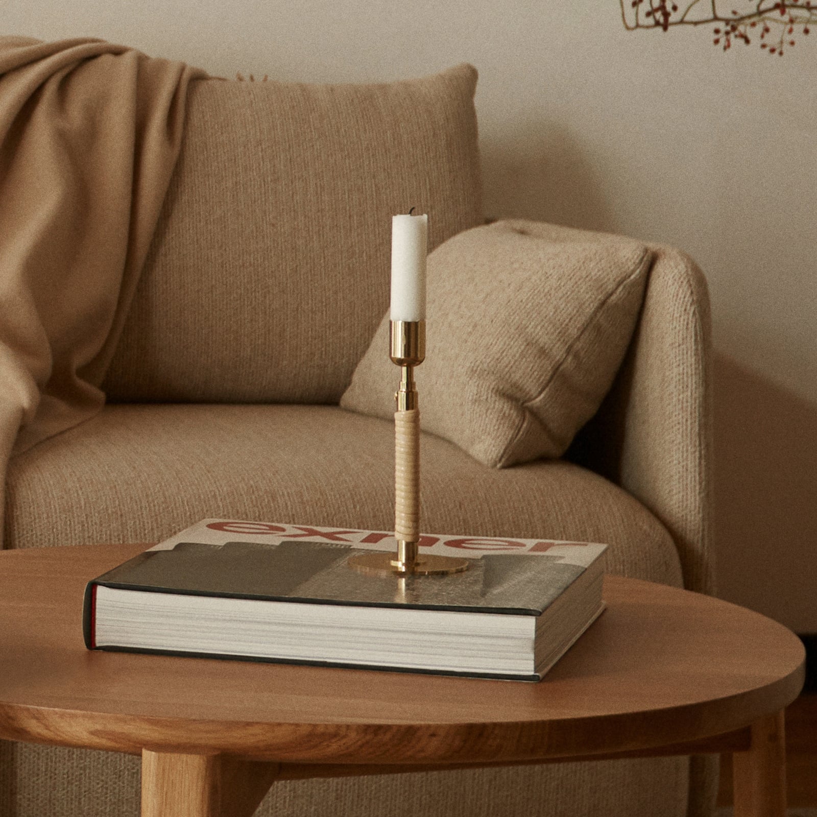 Duca candle holder, brass, height 24 cm, rattan - Audo