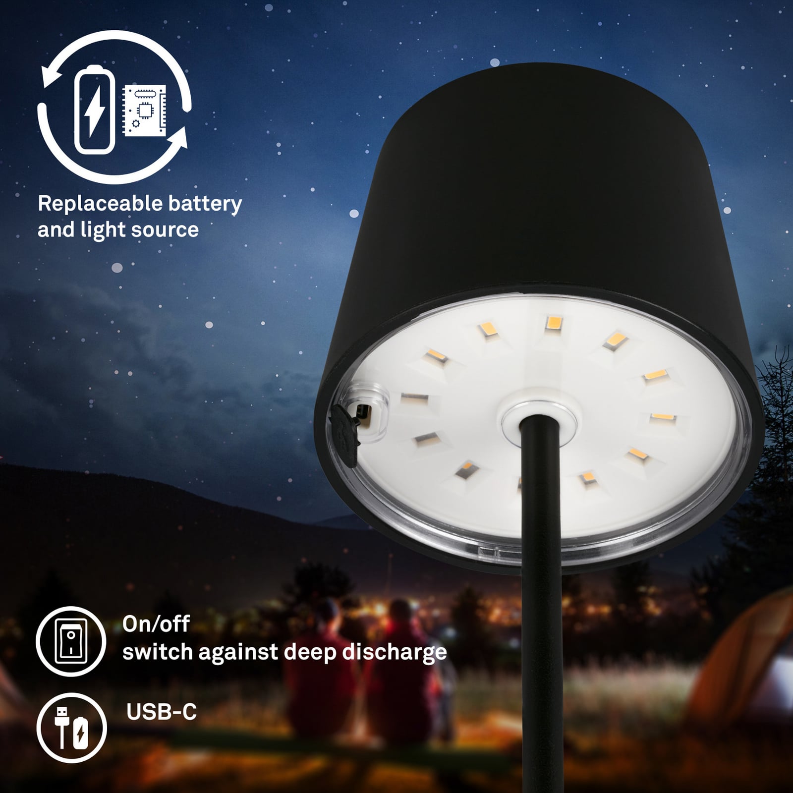 Lampe de table LED Piha avec batterie, noir