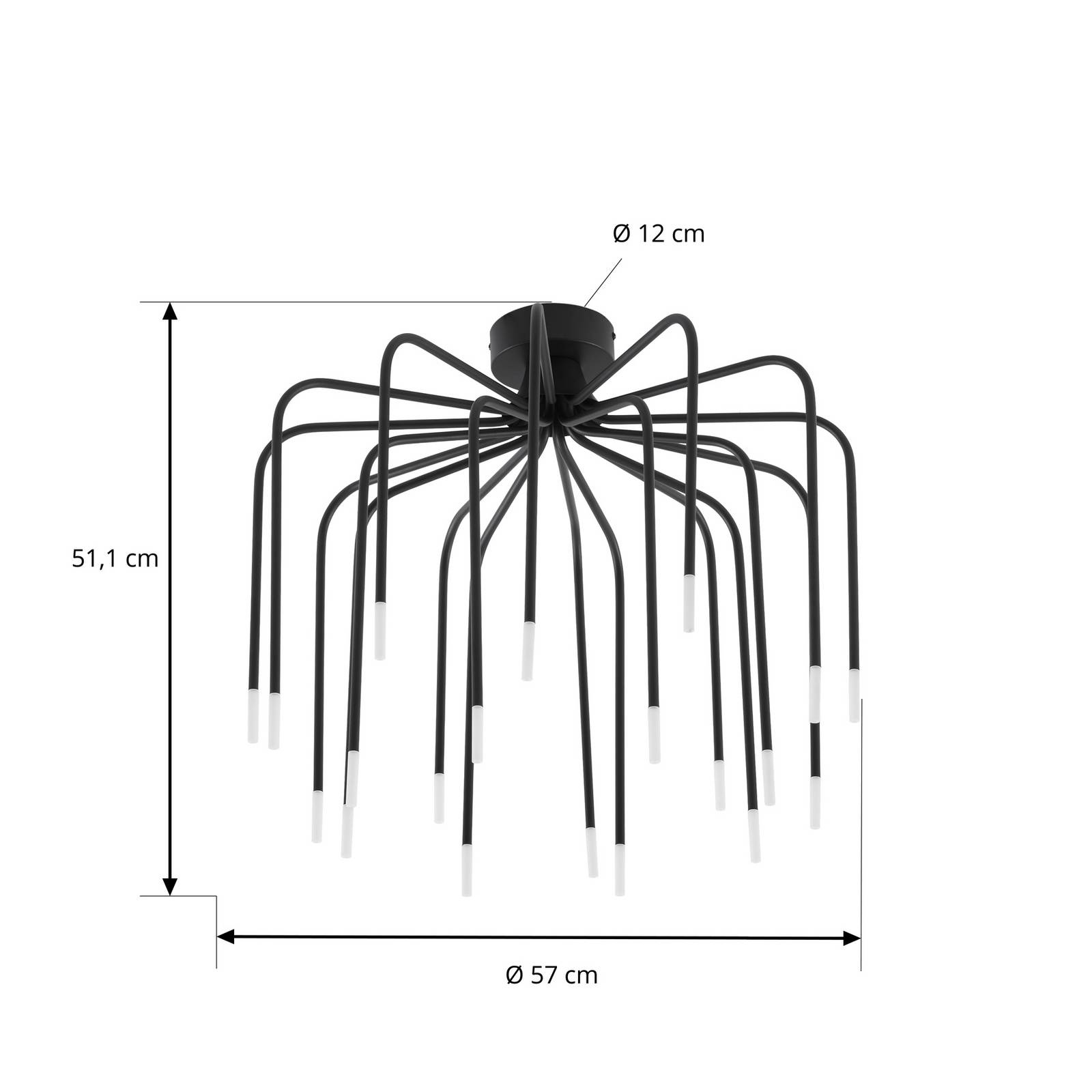 Lampa sufitowa LED Lucande Ariadne, Ø 57 cm, matowa czerń, 20-ramienna
