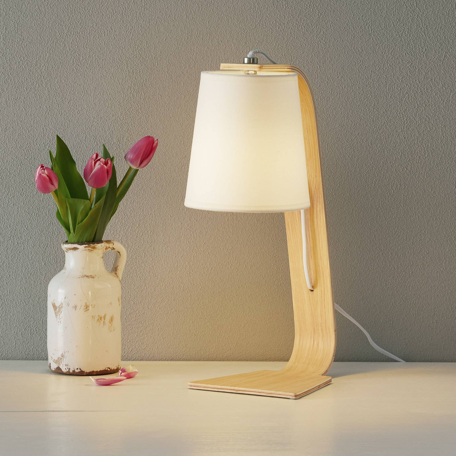 White wood Nordic table lamp with fabric shade Lights.co.uk