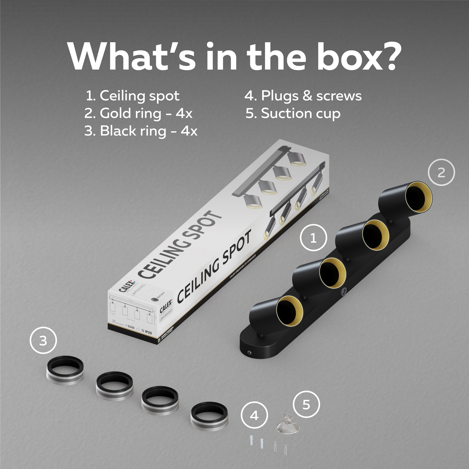 Calex GU10-Deckenspot, schwarz, Länge 49 cm, 4-flg., Metall