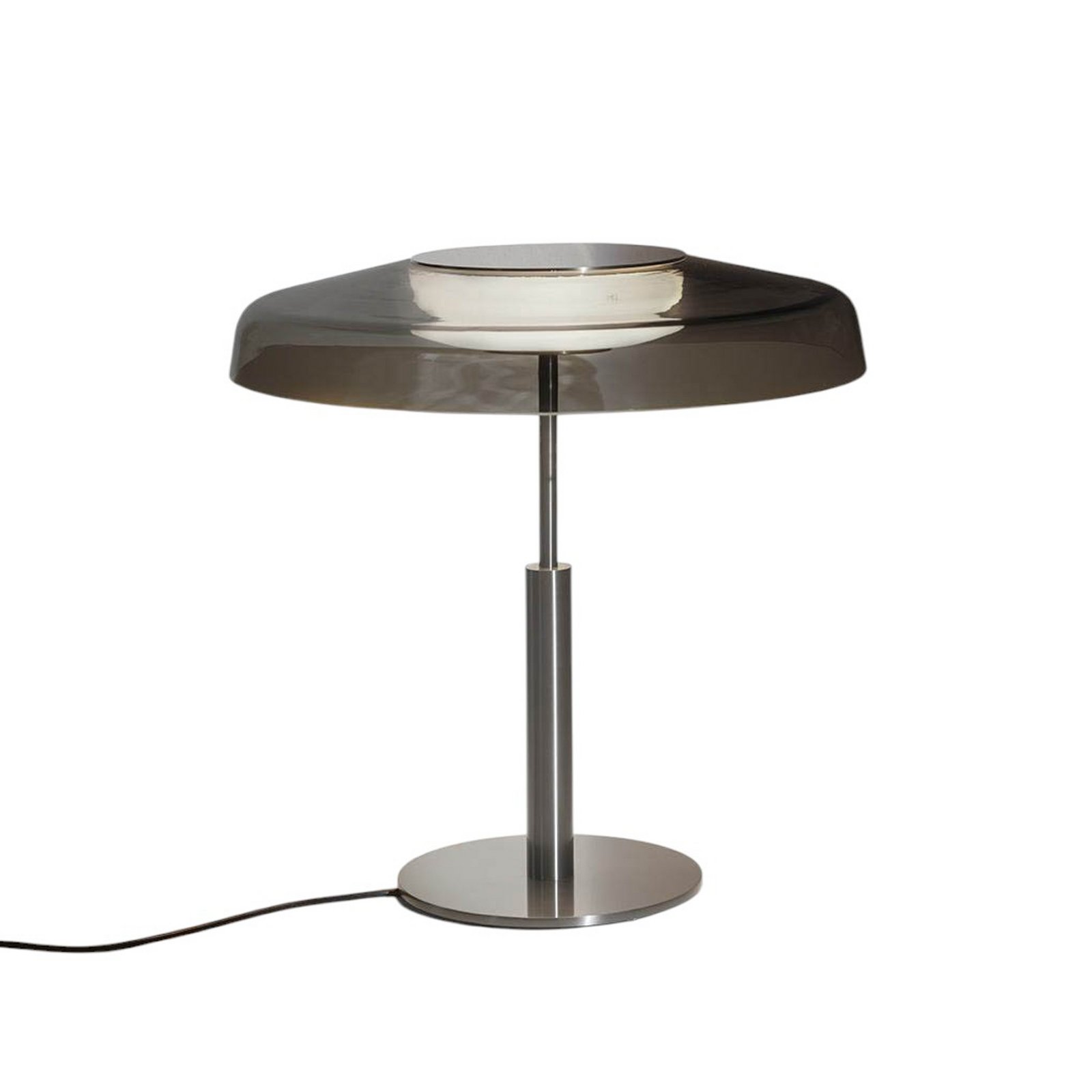 Oluce LED table lamp Dora, nickel/smoke grey, metal, PMMA