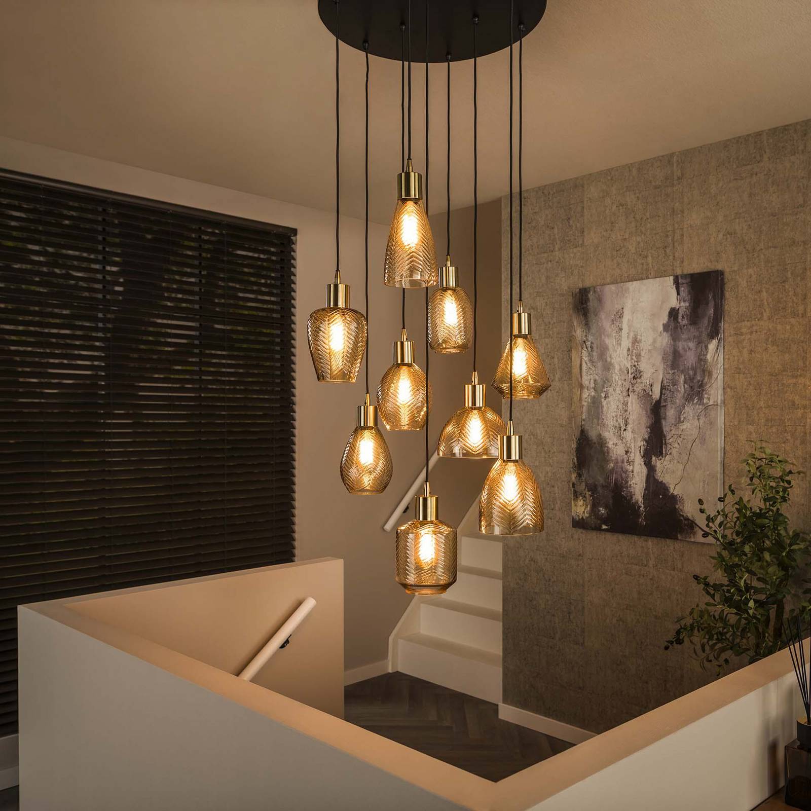 Lampa wisząca Leaf, bursztyn, Ø 60 cm, szkło, 9-punktowa