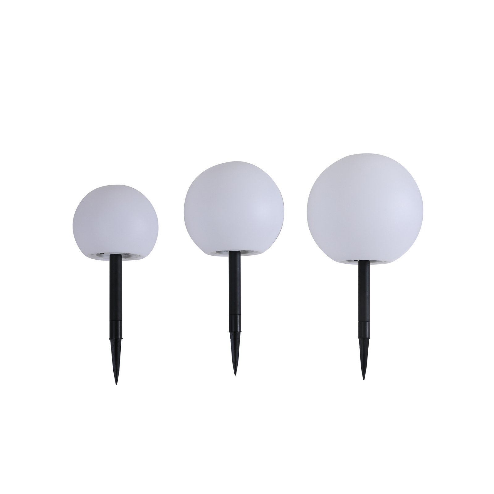 Lindby LED solar lamps Lago, set of 3, globes, ground spike, white