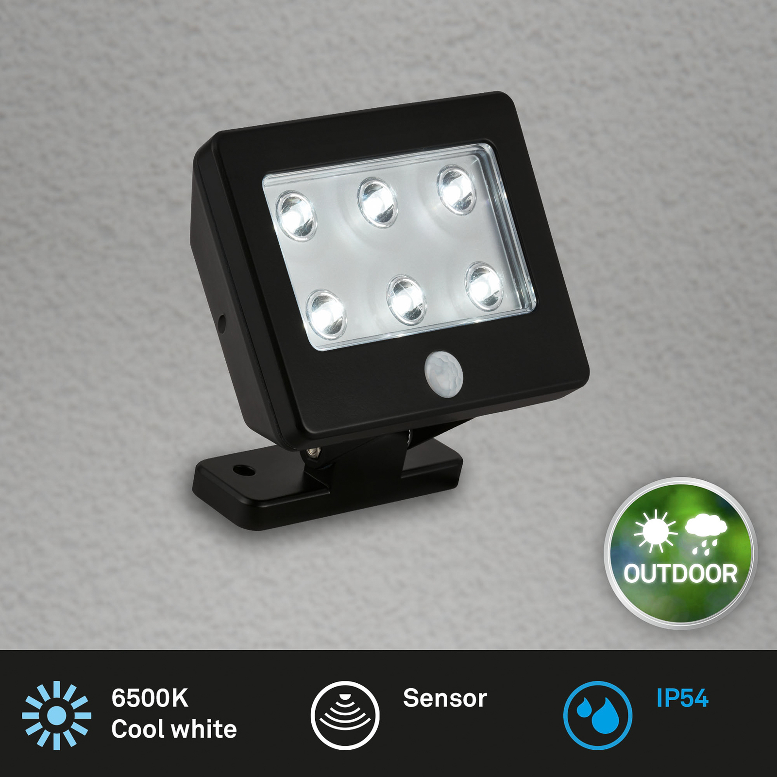 Kollig LED outdoor spotlight, sensor, IP54, black