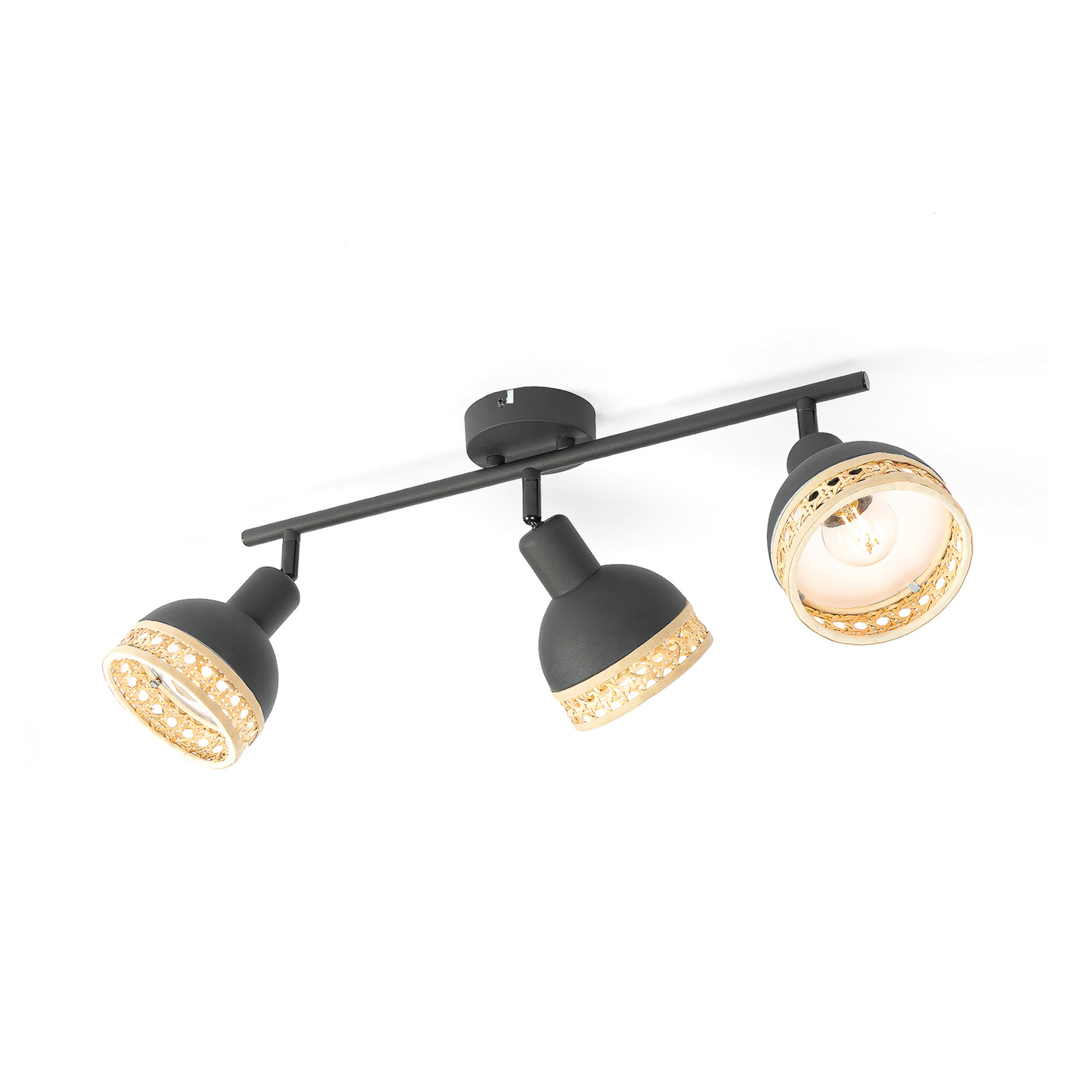 Lindby Lonnaris spot, rotin, 3 lampes, allongé
