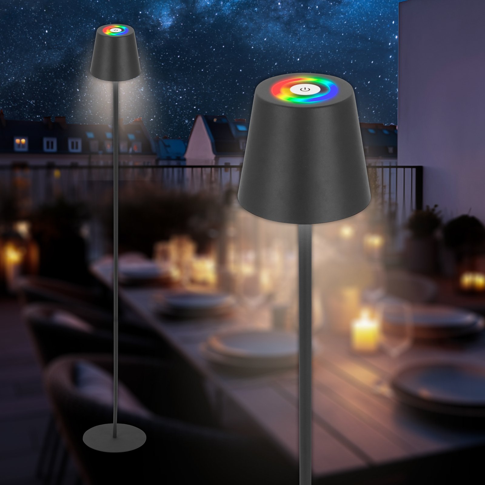 Coloris LED rechargeable floor lamp, black, RGB, dimmable, IP44, USB