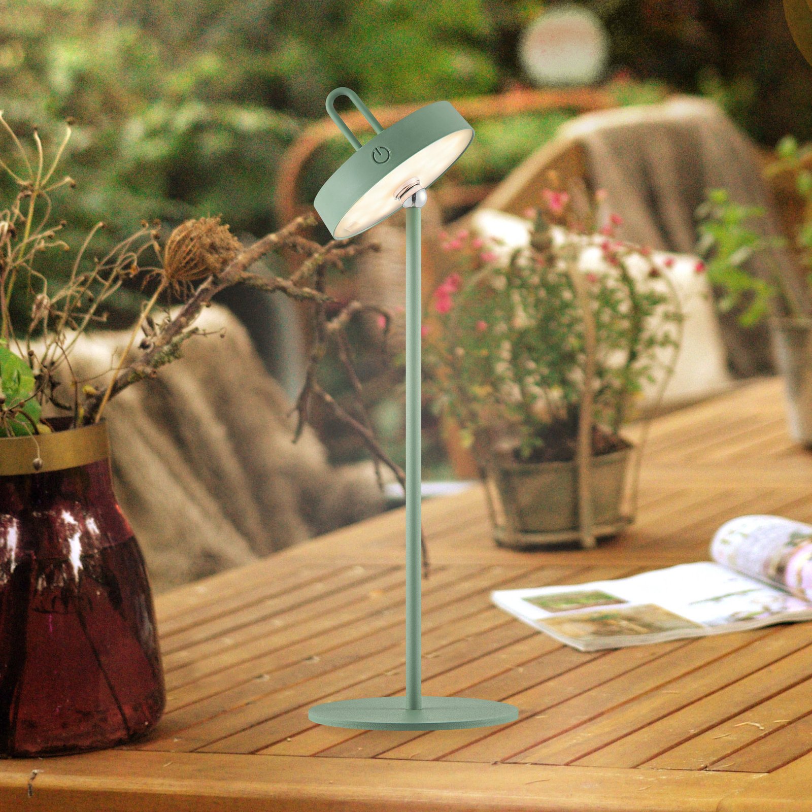 JUST LIGHT. Amag rechargeable LED table lamp, green, iron, IP44