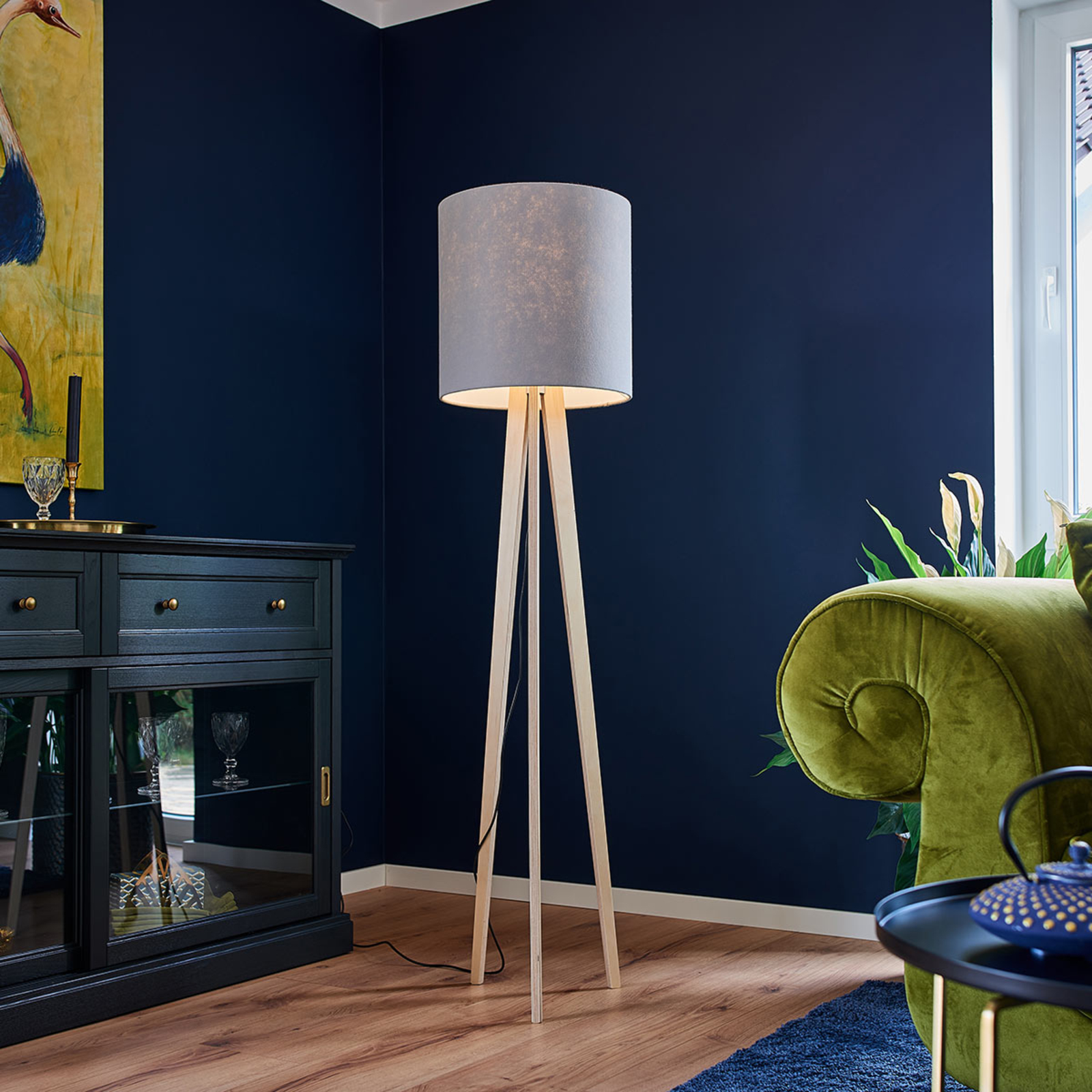 Lucande Fabric floor lamp Nida with tripod wooden frame, for Living / Dining Room, plywood, felt, iron, aluminium, E27, 40 W, energy efficiency: A++, H: 160 cm