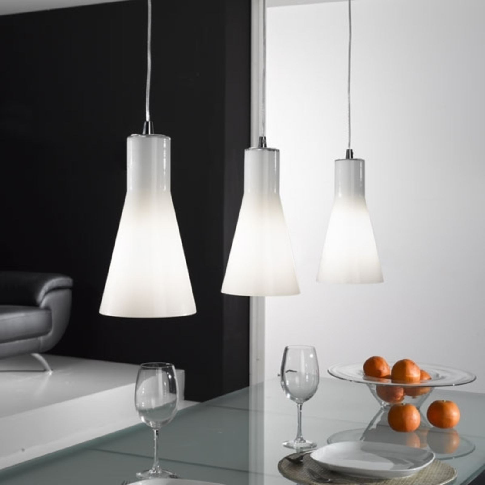 Fabas Luce Dana glass hanging light, three-bulb, for Living / Dining Room, Metal chrome plated, glass, E27, 60 W, energy efficiency: A++, W: 86 cm