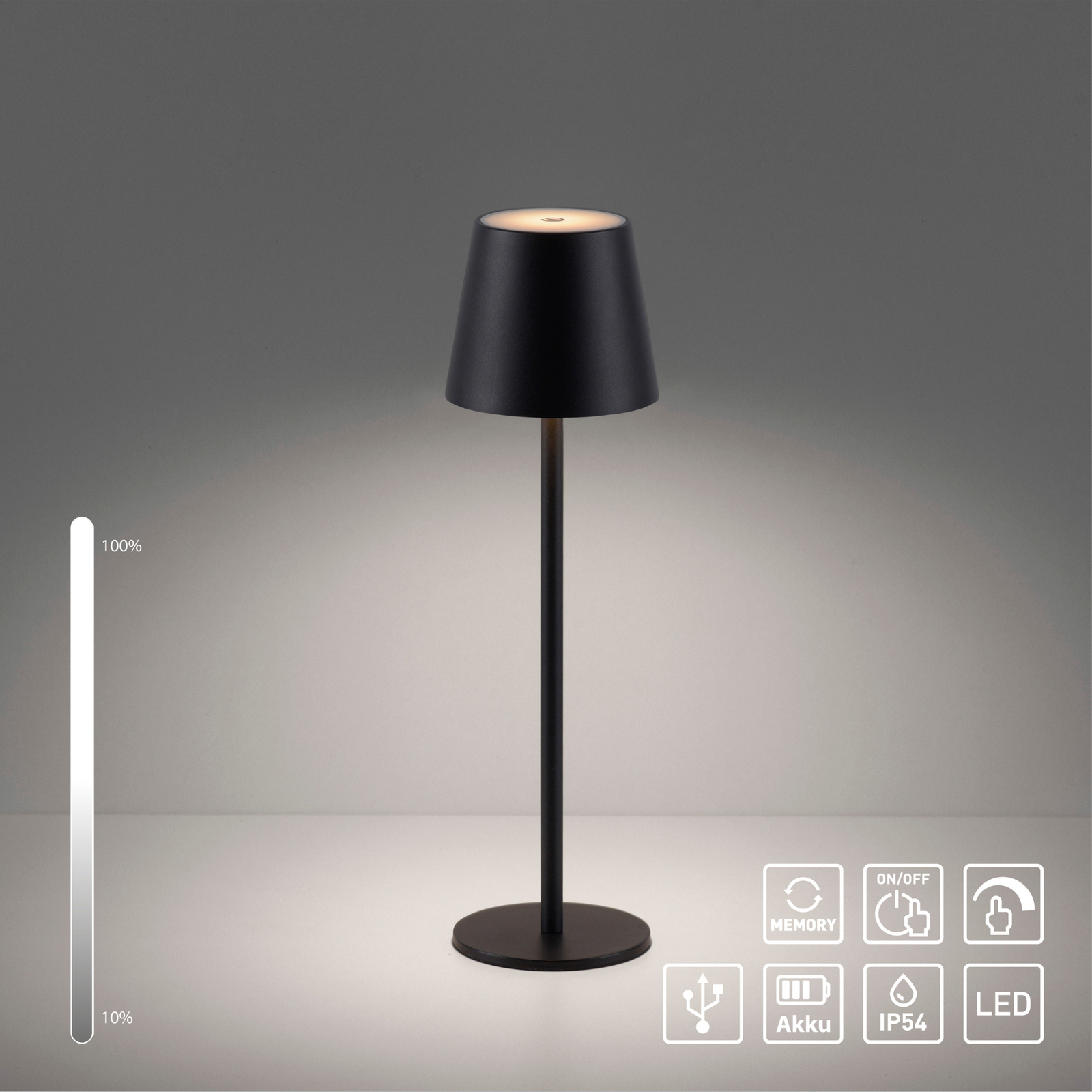 JUST LIGHT. Euria LED uzlādējama galda lampa, melna, dzelzs IP54