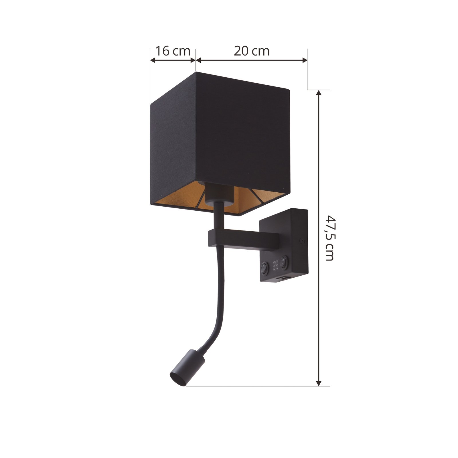 Lindby Wandlampe Thorid, schwarz/gold, Stoff, USB, Leselampe