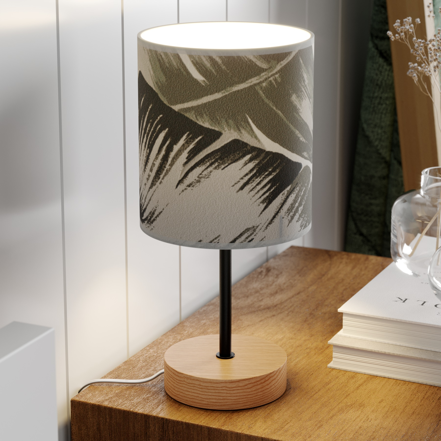 BRITOP Madera table lamp with a printed paper lampshade, for Living / Dining Room, wallpaper, oak wood, metal, E27, 60 W, energy efficiency: A++, H: 30 cm