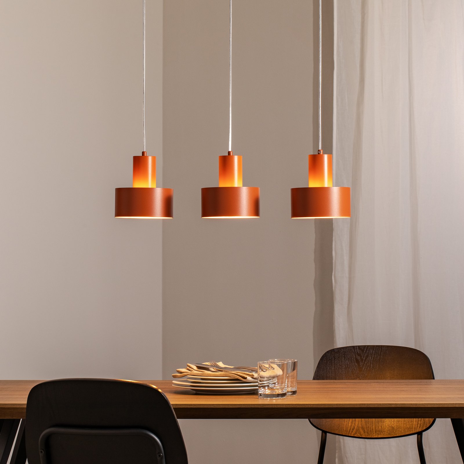 Rif 3 pendant light, brick red, 3-bulb, linear, steel