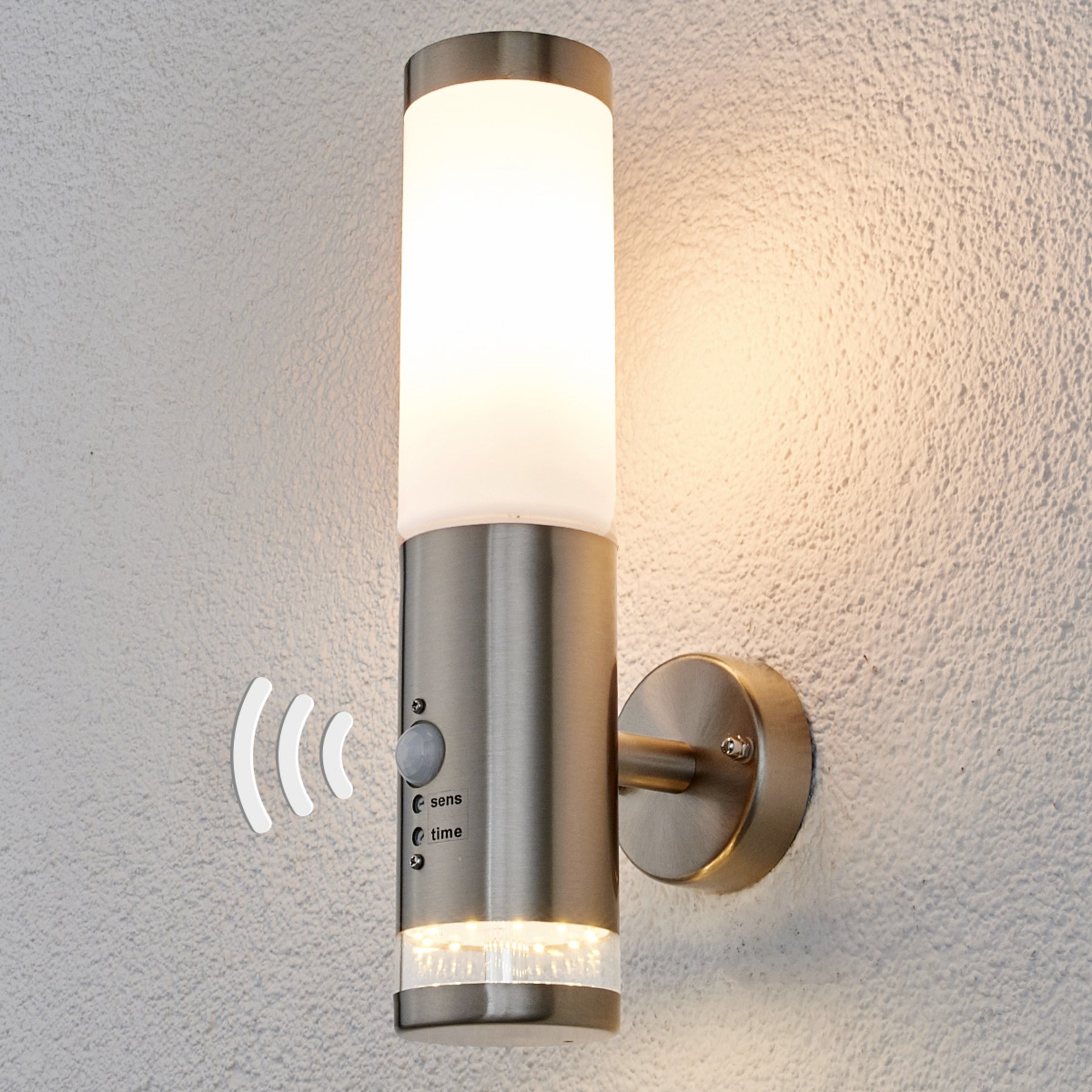 Lindby Outdoor wall light Binka with sensor, Stainless, plastic, E27, 11 W, energy efficiency: A++, H: 35 cm