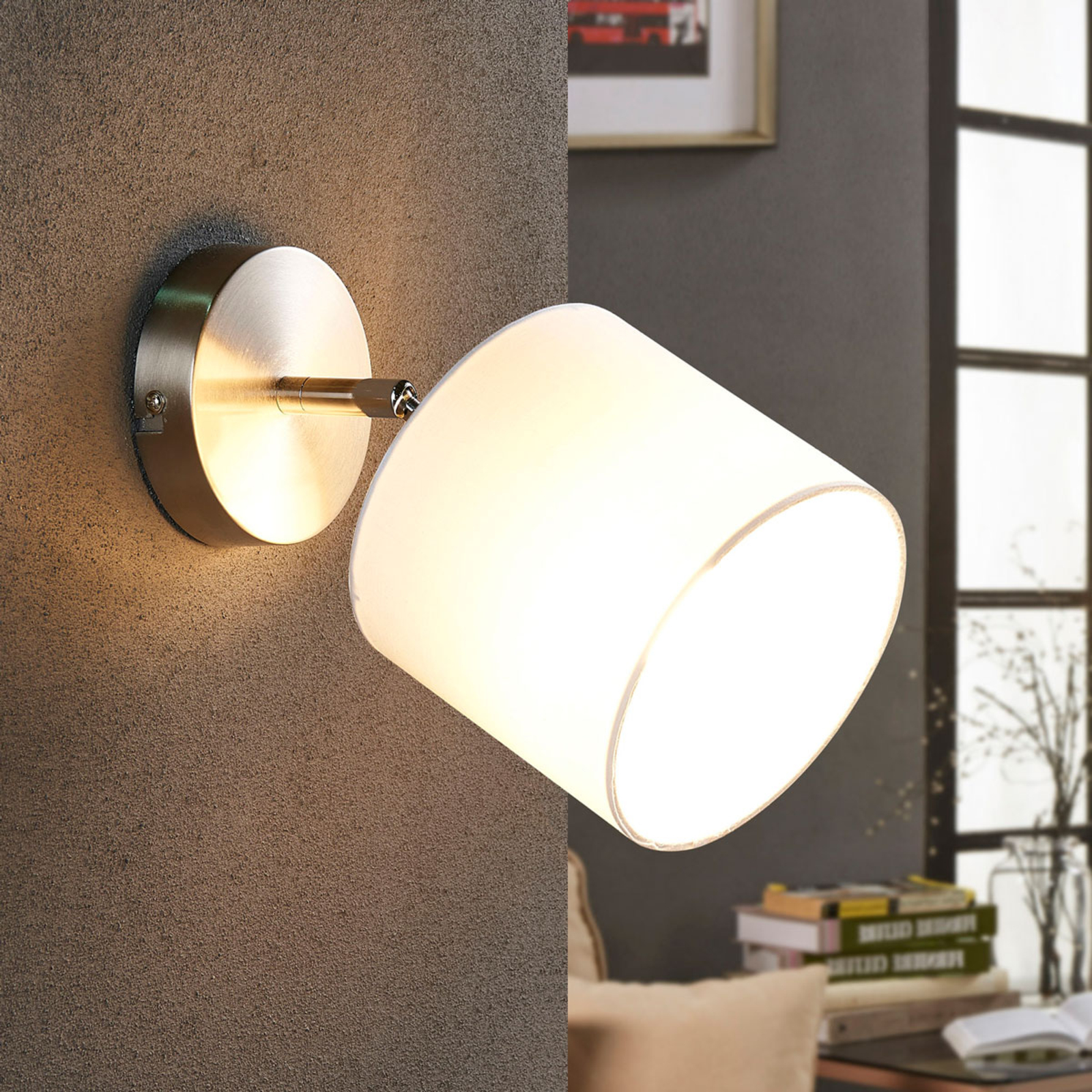 Lindby LED wall light with a white fabric lampshade, for Living / Dining Room, fabric, metal, E14, 4 W, energy efficiency: A+, W: 13.5 cm