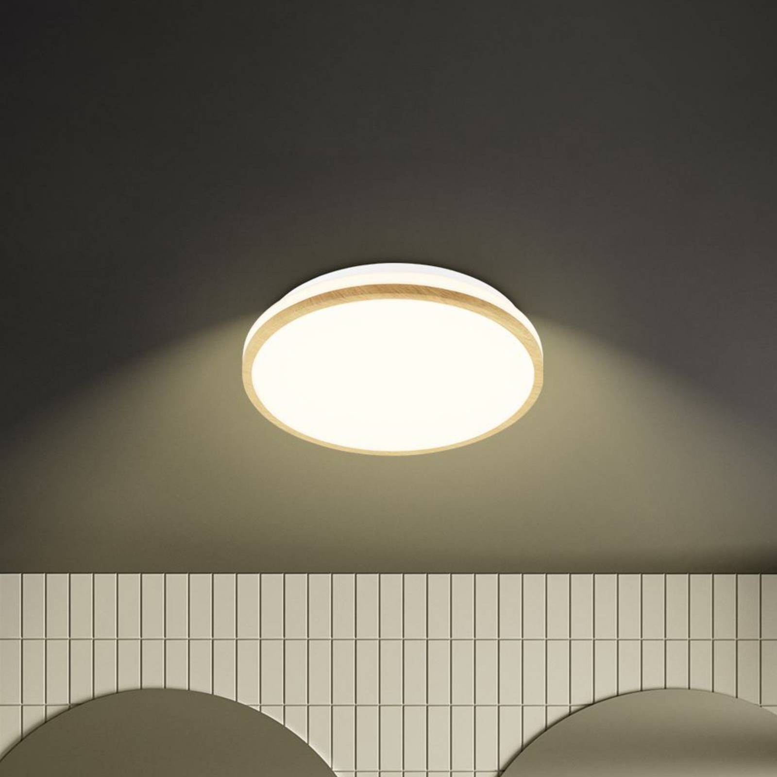 Lampa sufitowa LED Acorus, Ø 28 cm, biała/kolor drewna, IP44