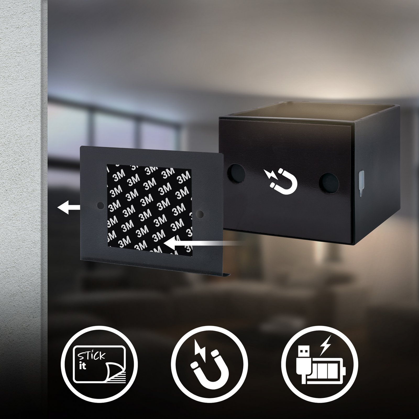 LED wandlamp op accu Barro, zwart Breedte 8 cm Metaal, sensor